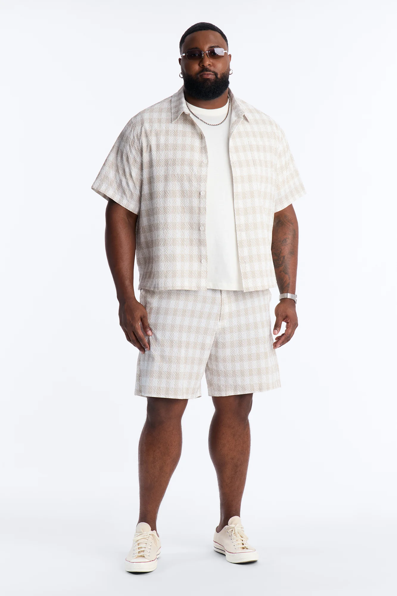 Chess Check Seersucker Button Up Shirt - Tan - Image 6