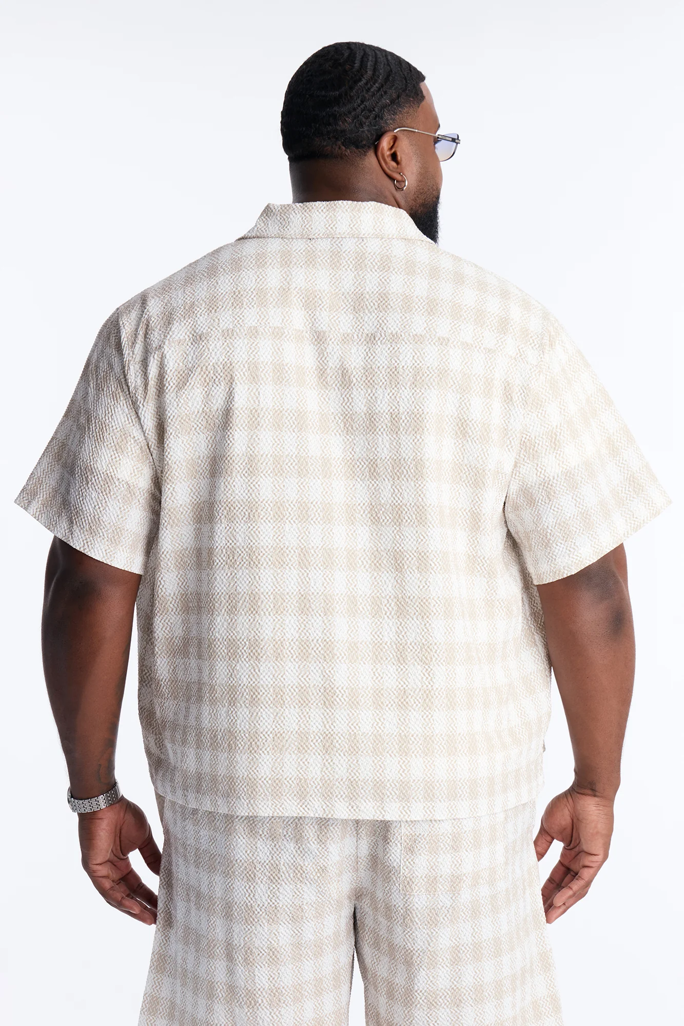 Chess Check Seersucker Button Up Shirt - Tan - Image 8