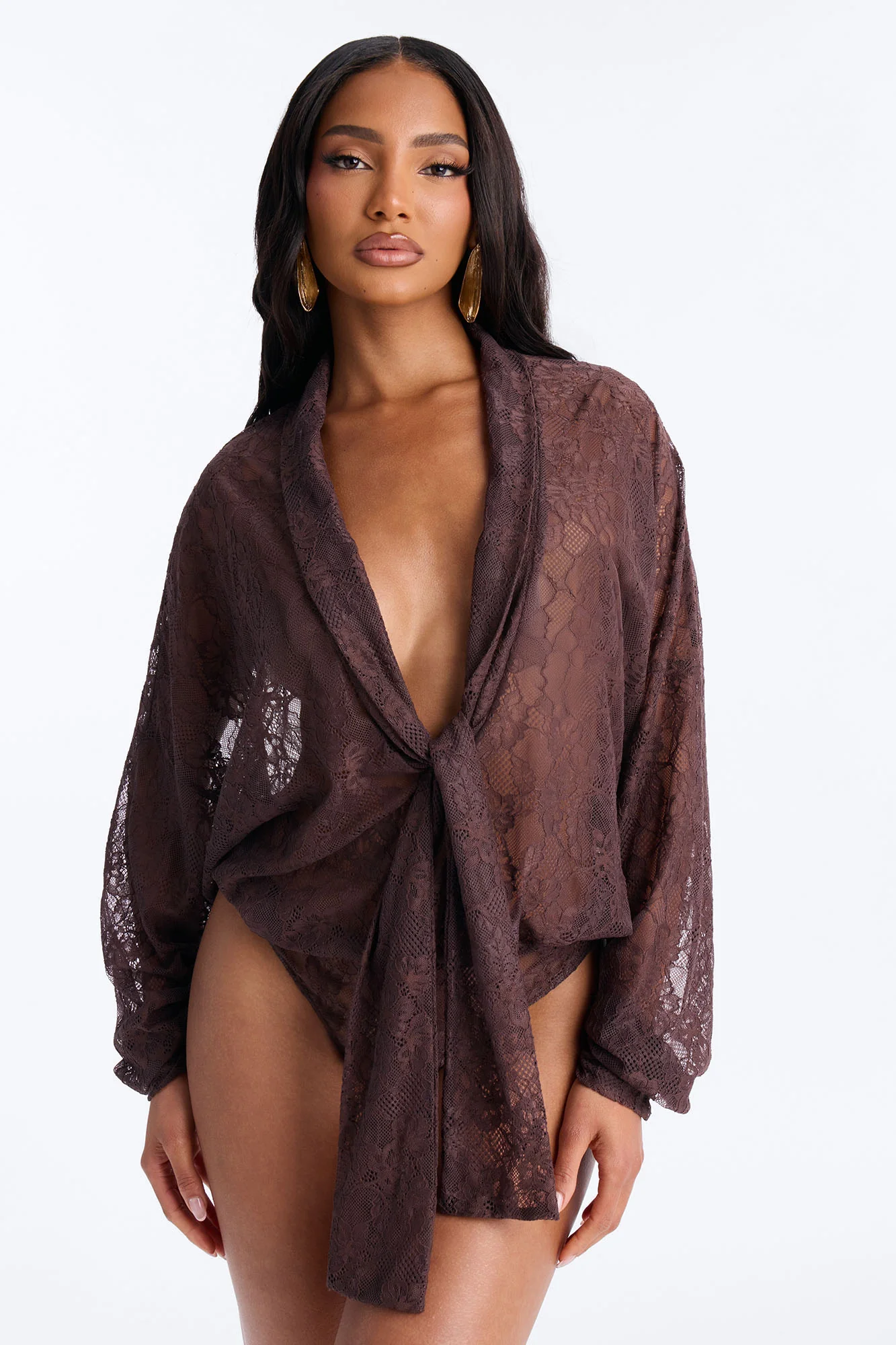 Chic And Out Long Sleeve Lace Bodysuit - Chocolate