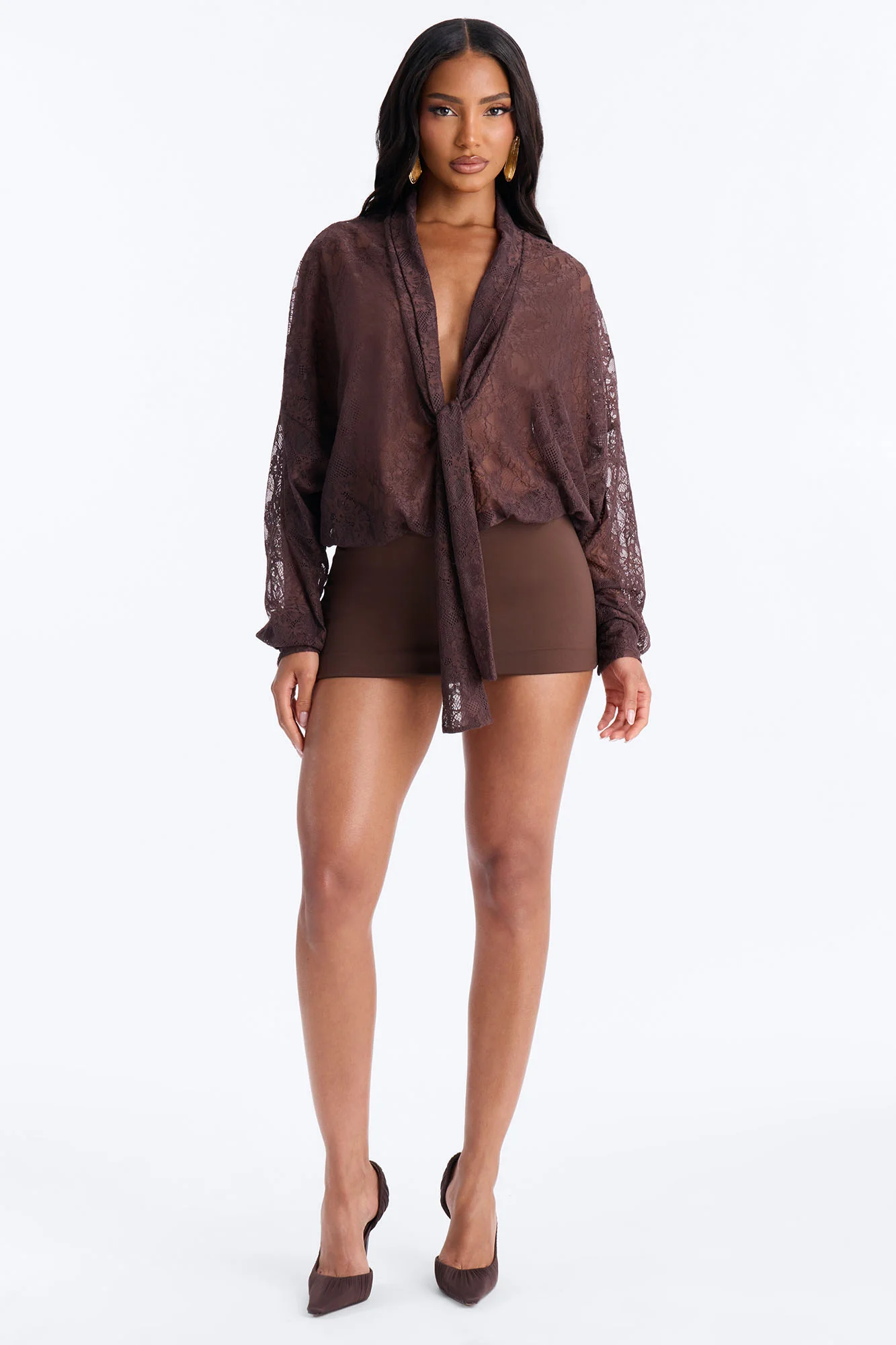 Chic And Out Long Sleeve Lace Bodysuit - Chocolate - Image 2