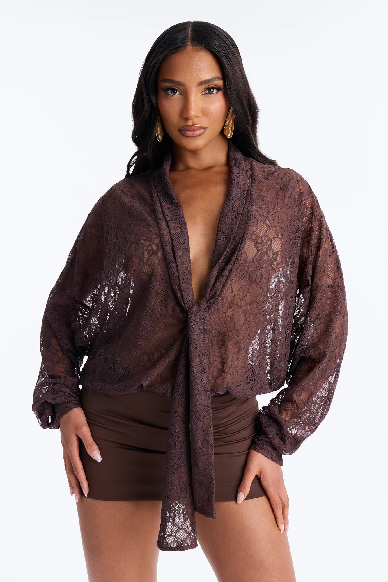 Chic And Out Long Sleeve Lace Bodysuit - Chocolate - Image 3
