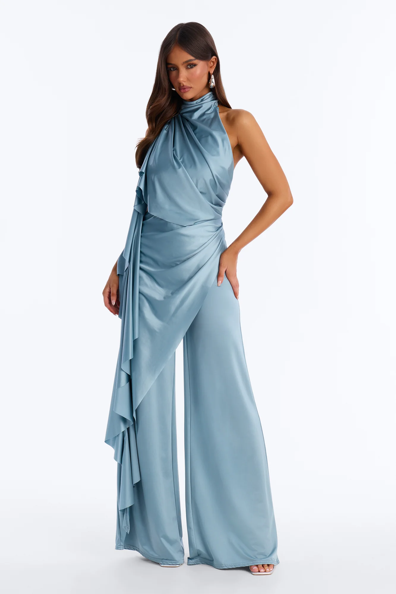 Chic Motives Draped Wide Leg Jumpsuit - Blue