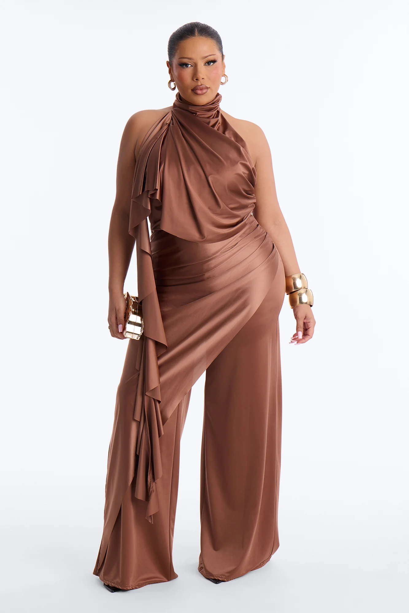 Chic Motives Draped Wide Leg Jumpsuit - Bronze - Image 5