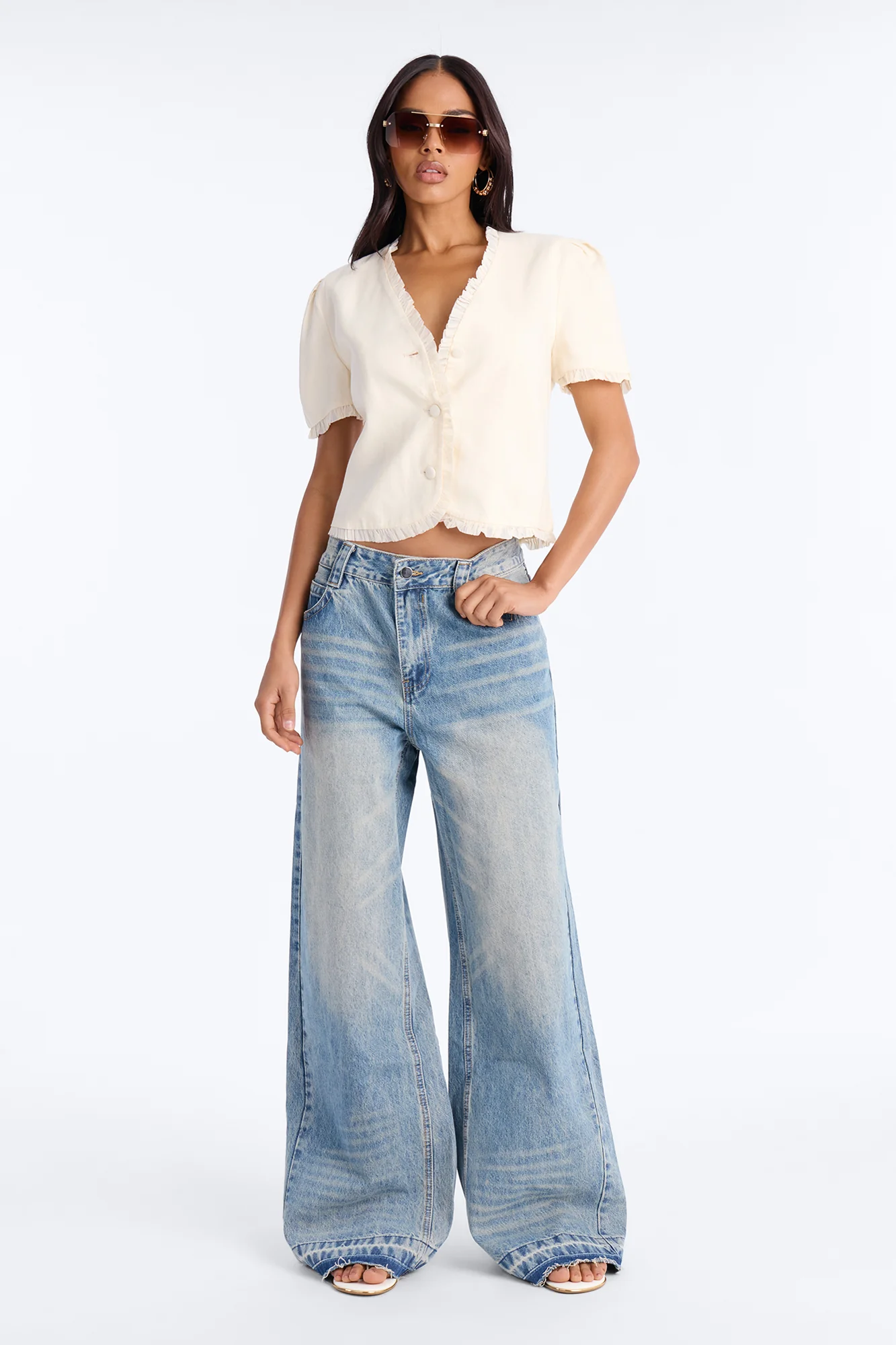 Chic With Love Ruffle Trim Linen Top - Beige