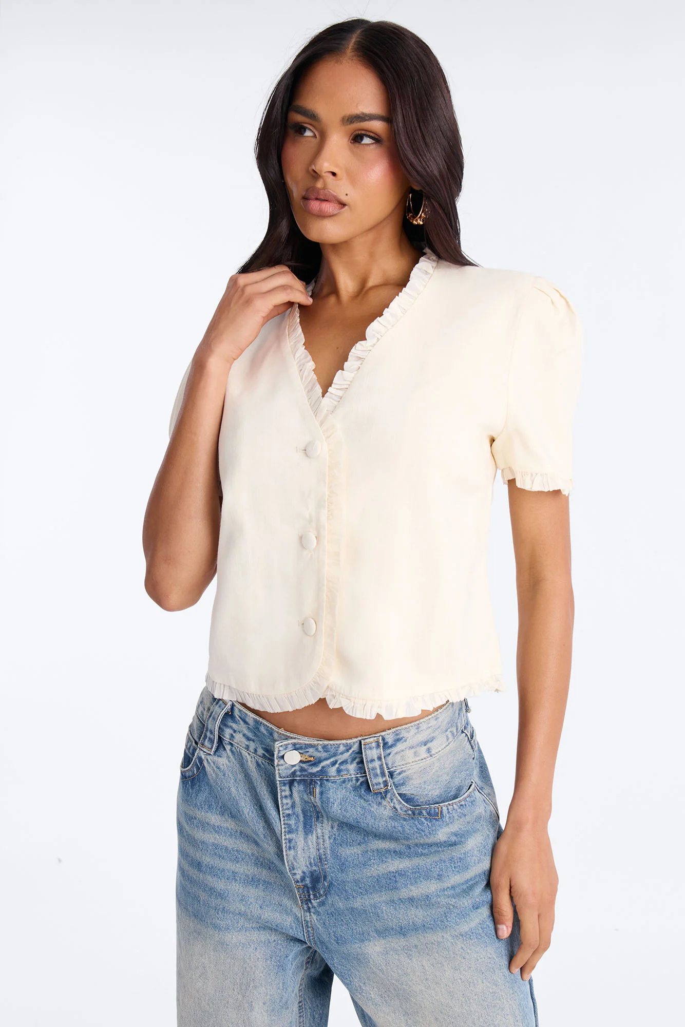 Chic With Love Ruffle Trim Linen Top - Beige - Image 2