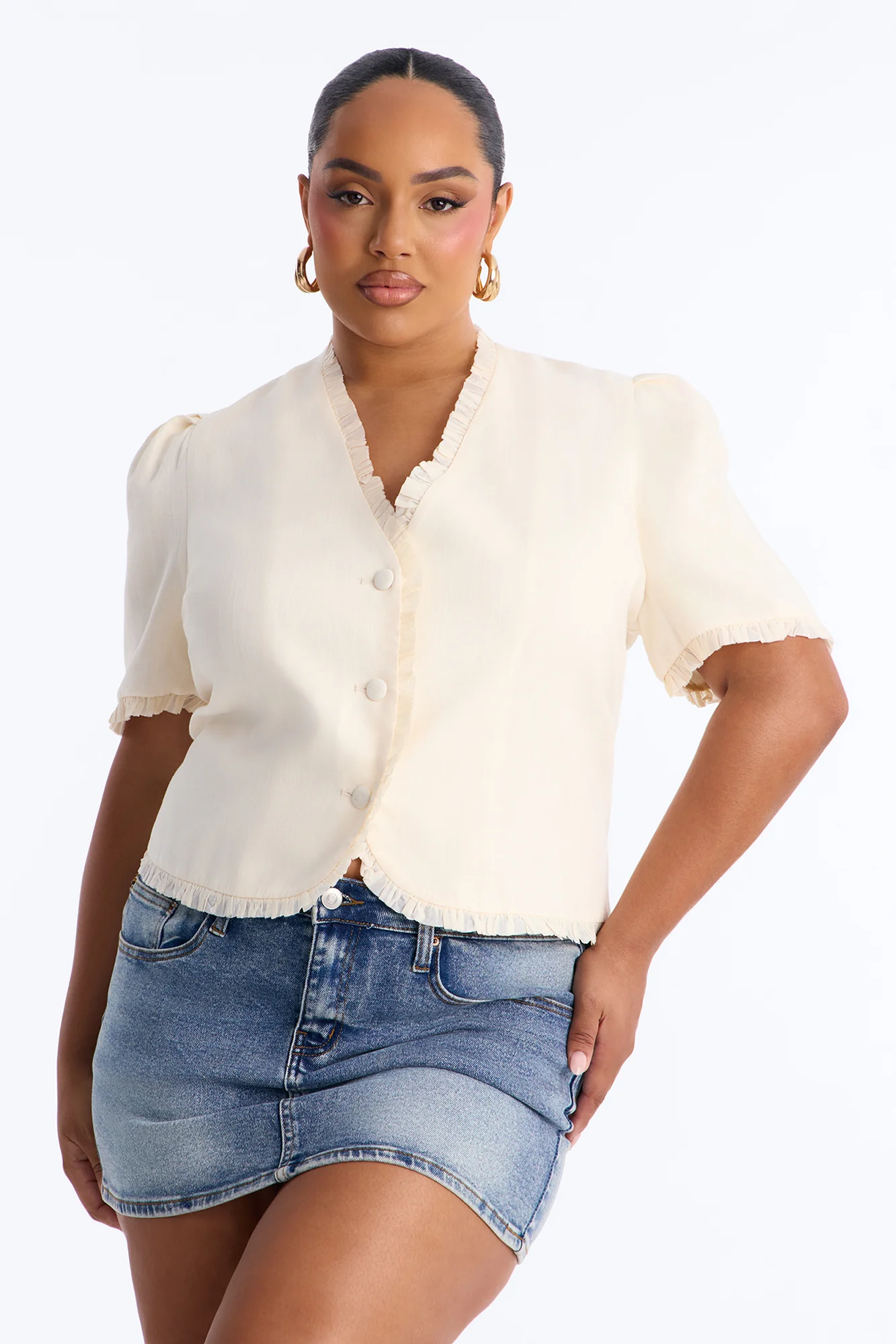Chic With Love Ruffle Trim Linen Top - Beige - Image 5