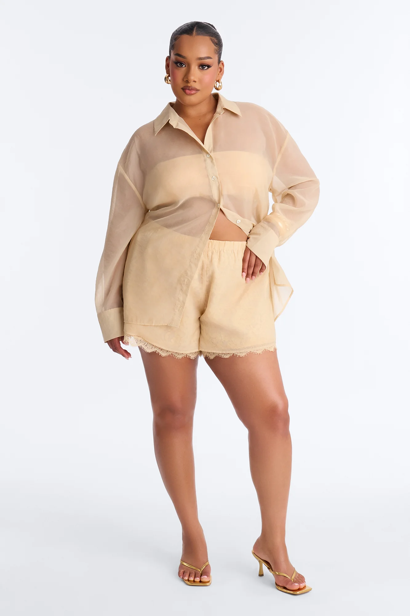 Chiffon Chic Lace Detail Short Set - Cream - Image 5