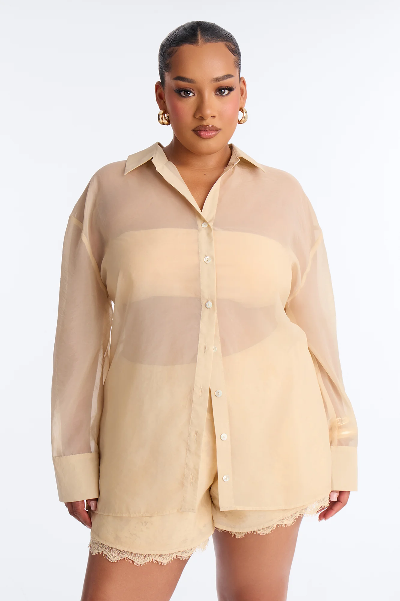 Chiffon Chic Lace Detail Short Set - Cream - Image 6