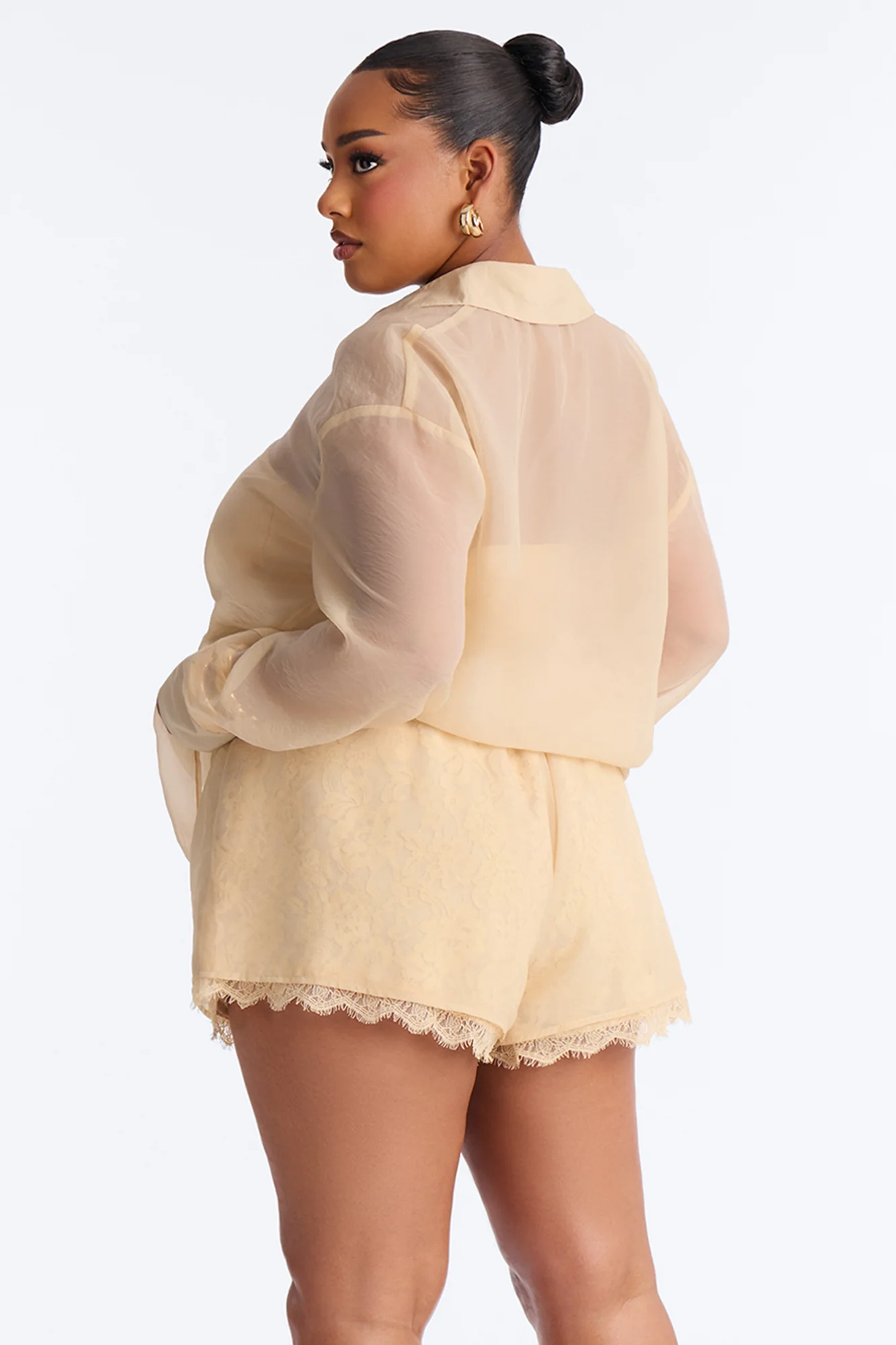 Chiffon Chic Lace Detail Short Set - Cream - Image 8