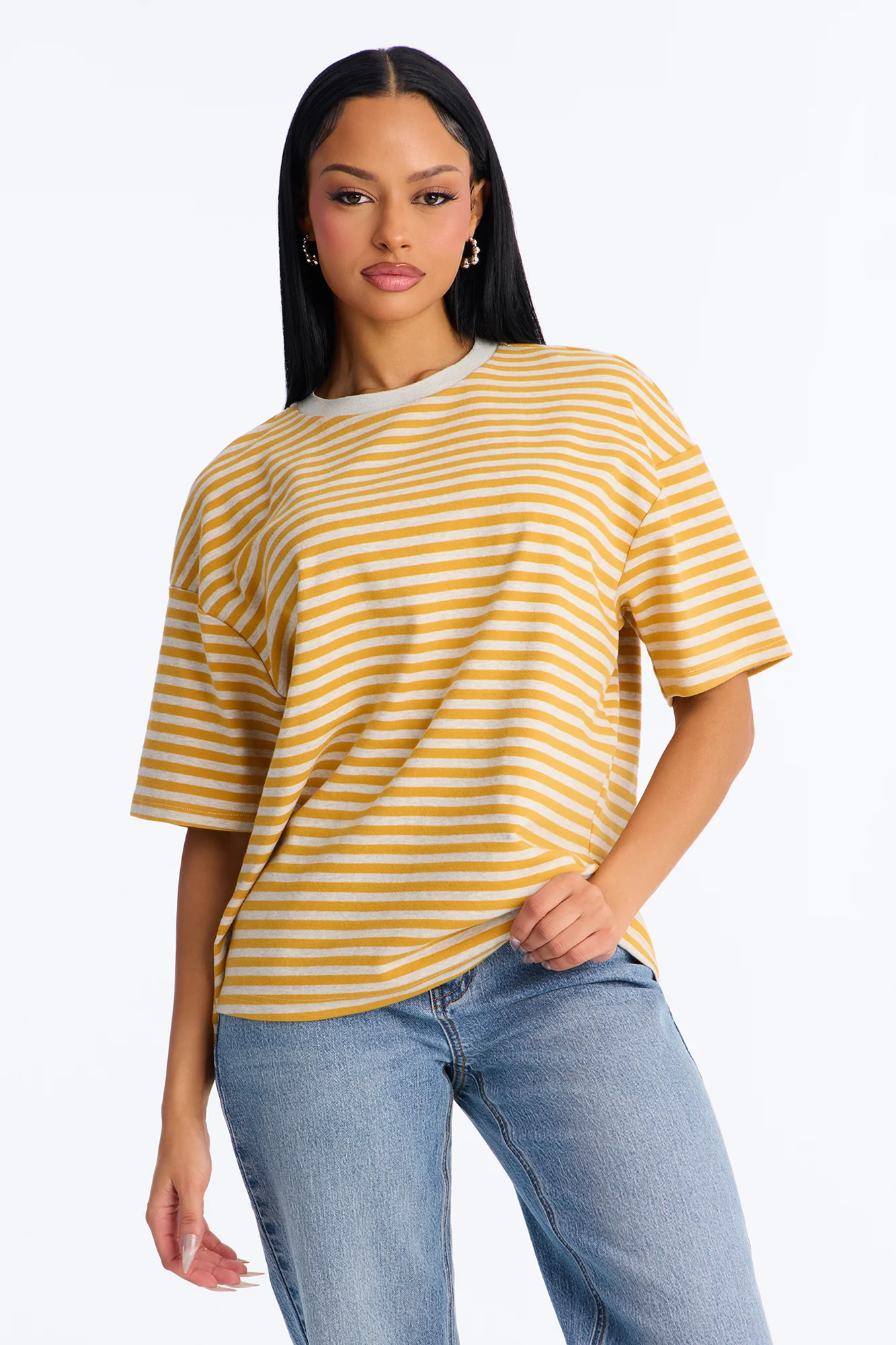 Chill Day Striped Crew Neck Short Sleeve T-shirt - Mustard/combo
