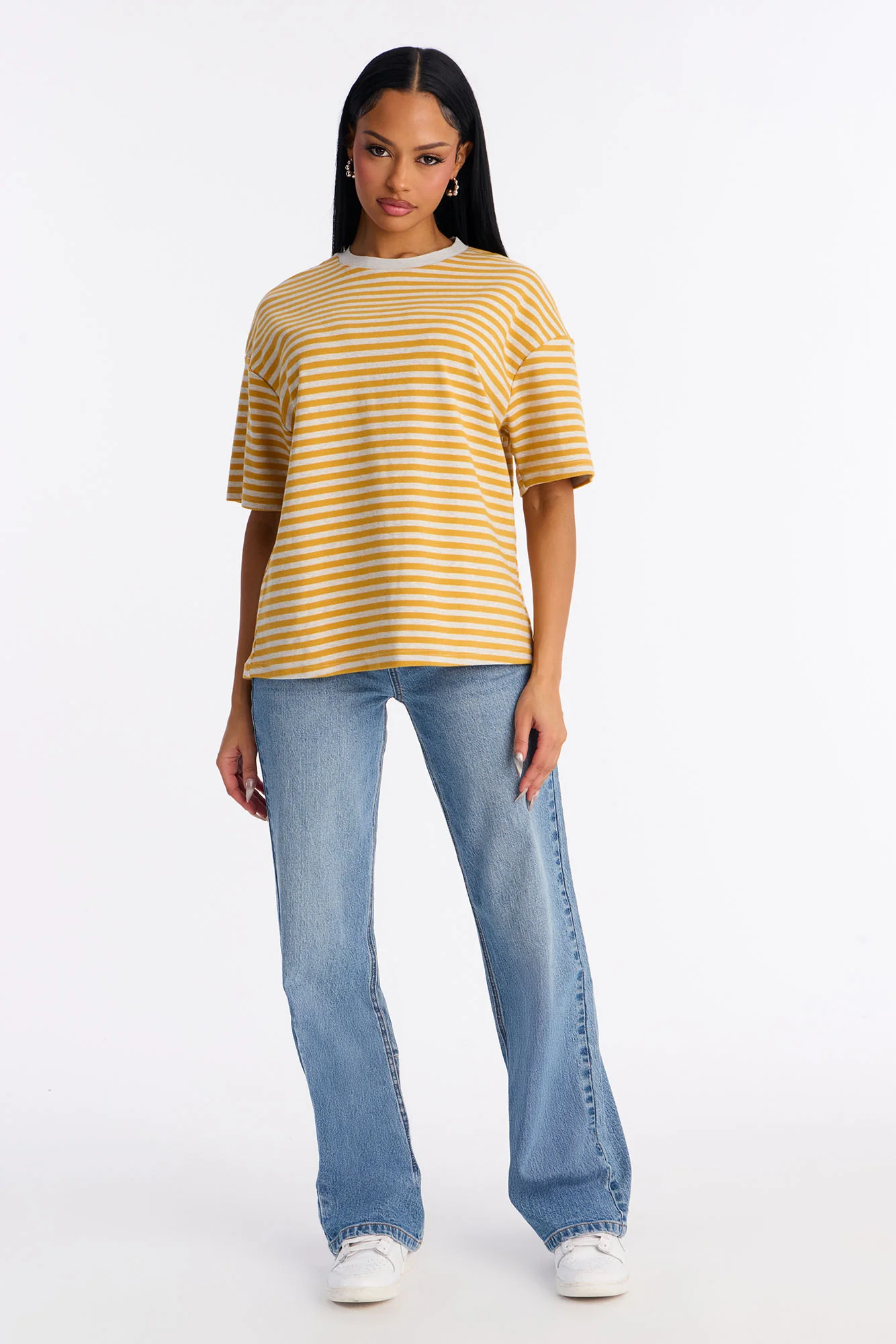 Chill Day Striped Crew Neck Short Sleeve T-shirt - Mustard/combo - Image 2