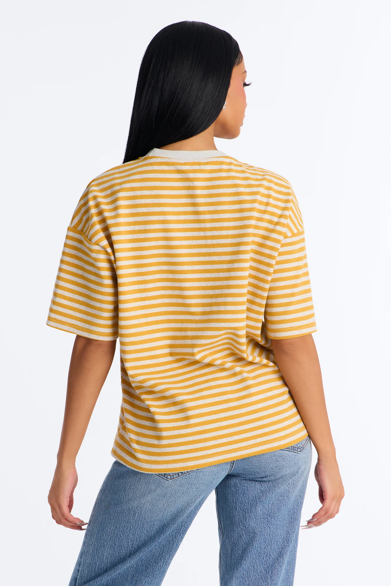 Chill Day Striped Crew Neck Short Sleeve T-shirt - Mustard/combo - Image 4