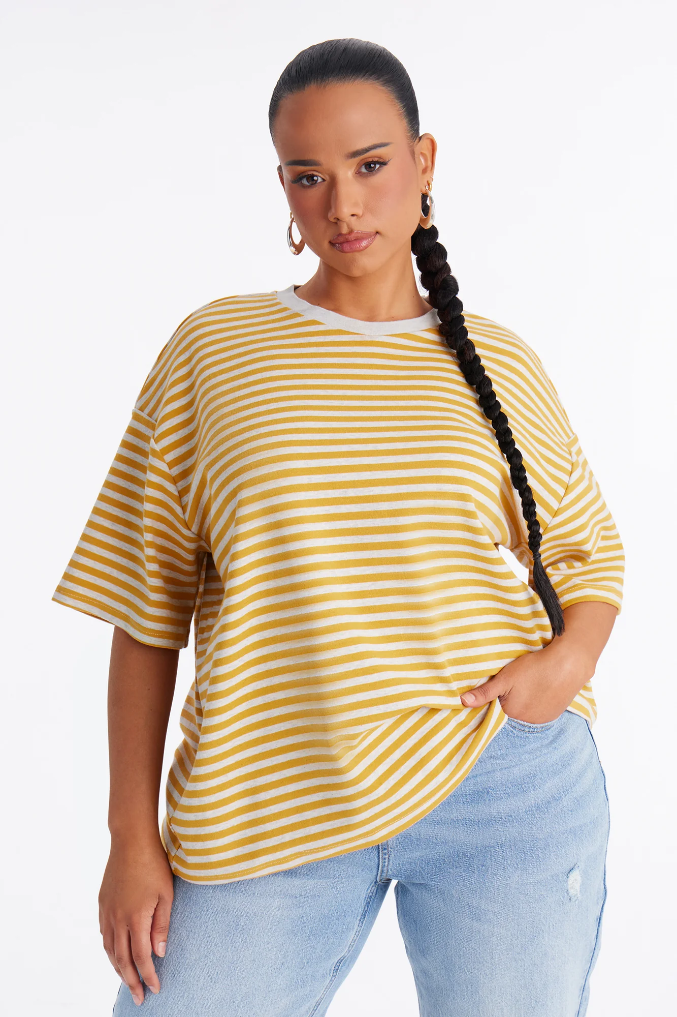 Chill Day Striped Crew Neck Short Sleeve T-shirt - Mustard/combo - Image 5