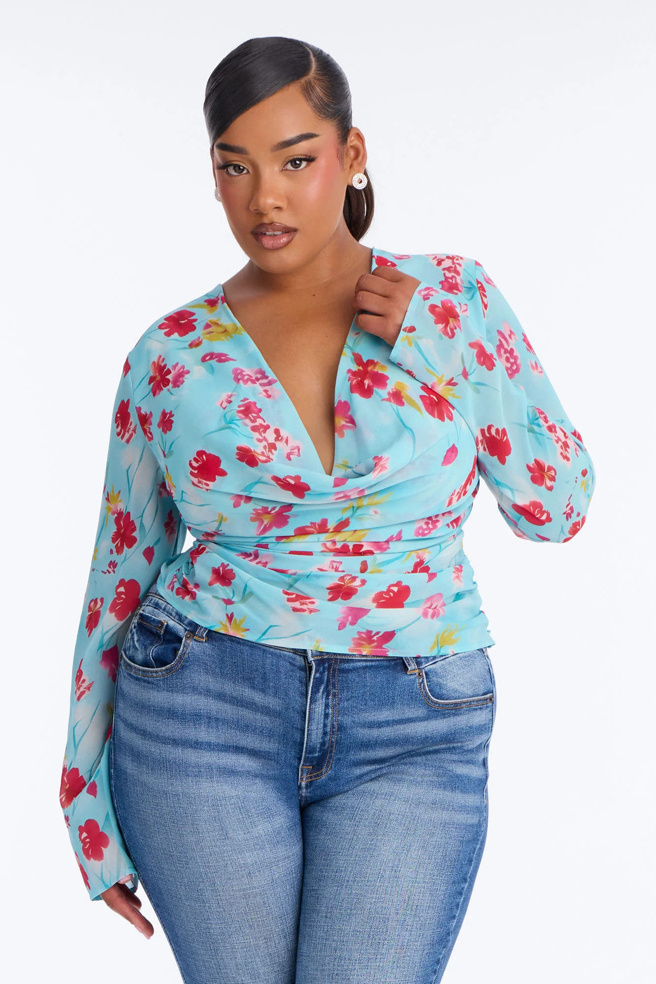 Chloe Cowl Neck Floral Chiffon Blouse - Blue/combo - Image 5