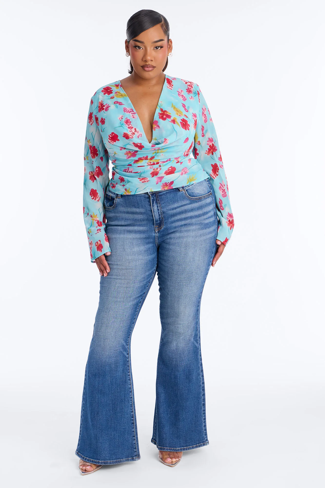 Chloe Cowl Neck Floral Chiffon Blouse - Blue/combo - Image 6