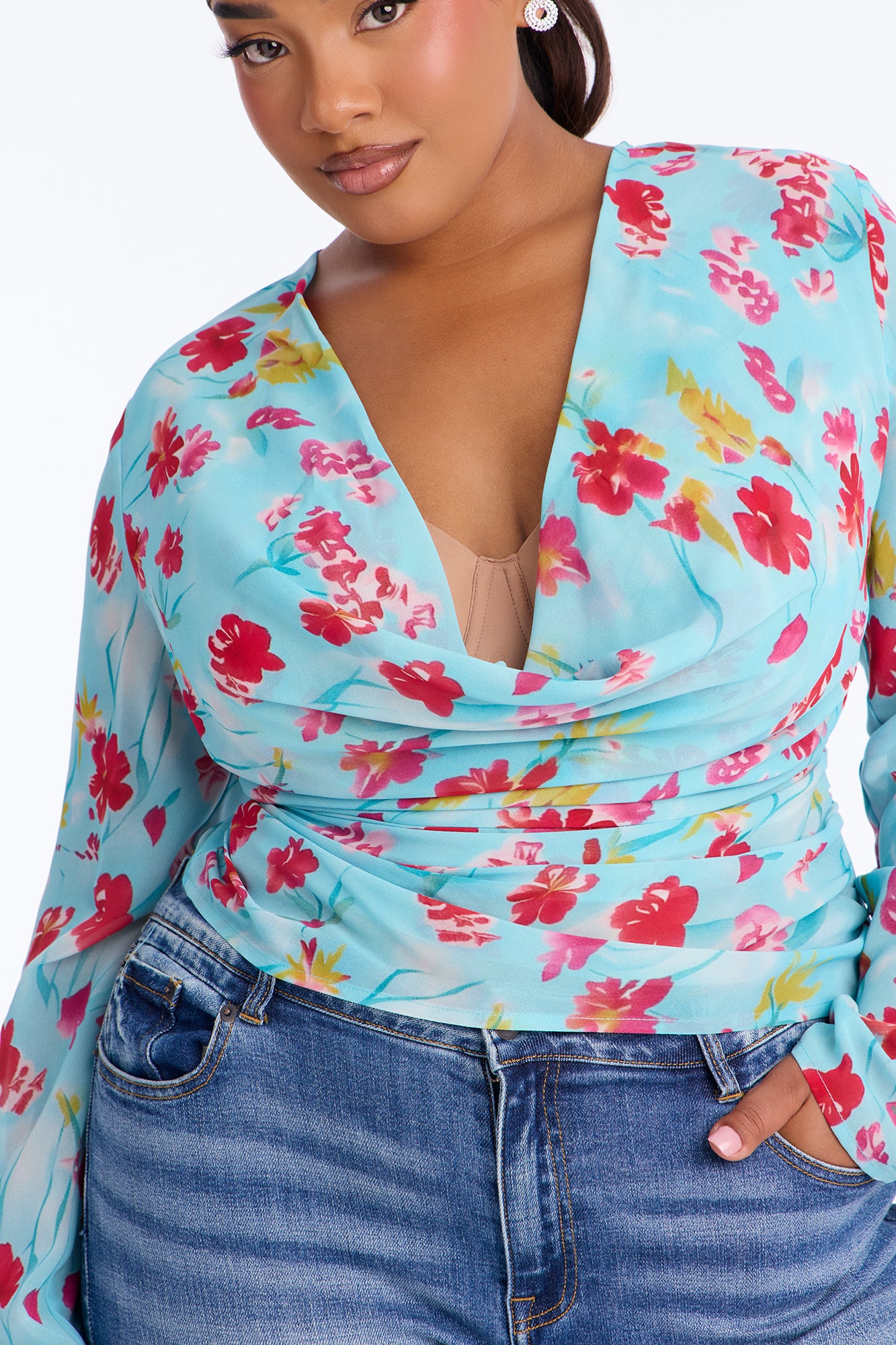 Chloe Cowl Neck Floral Chiffon Blouse - Blue/combo - Image 7