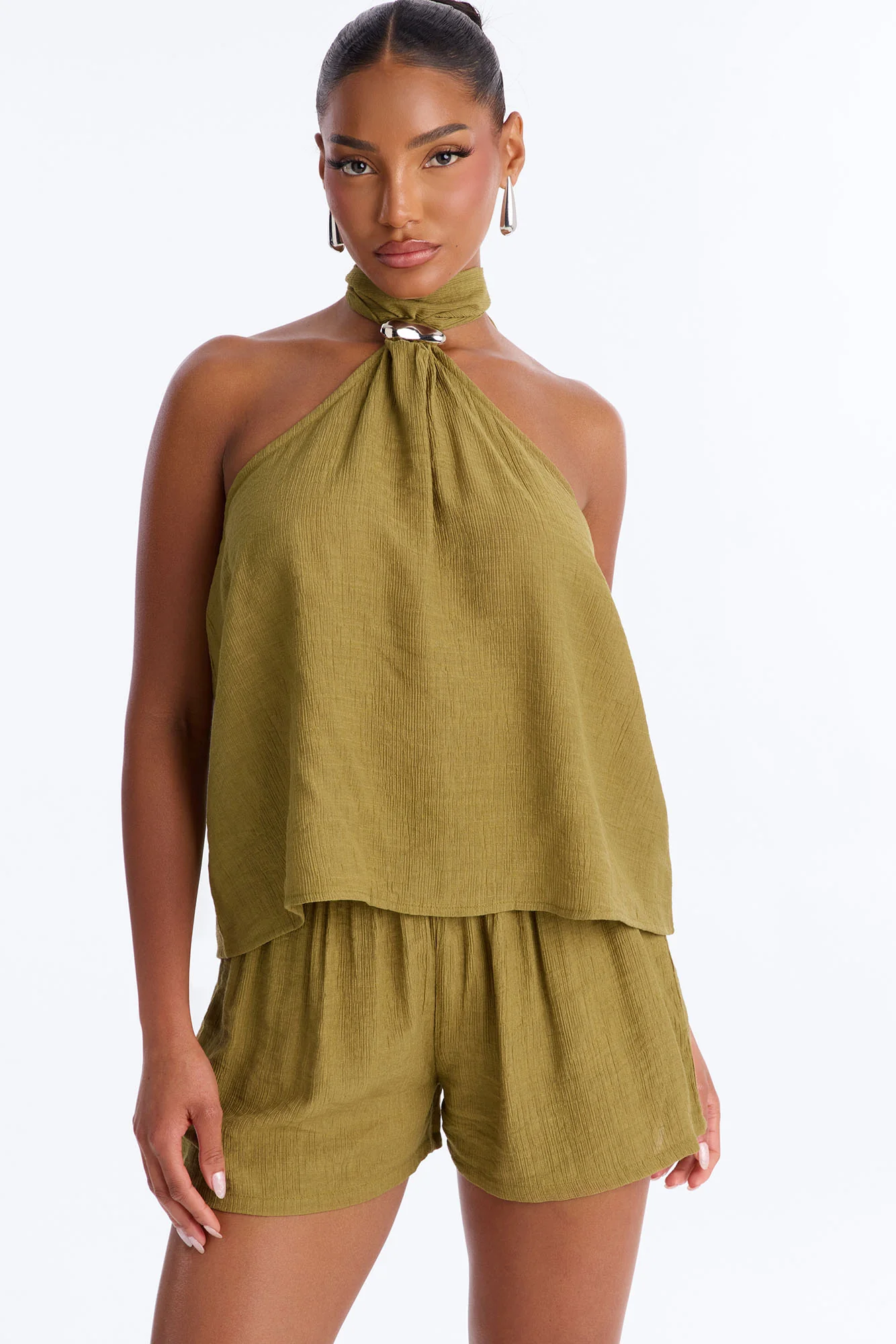 Chloe Halter Textured Short Set - Olive - Image 2