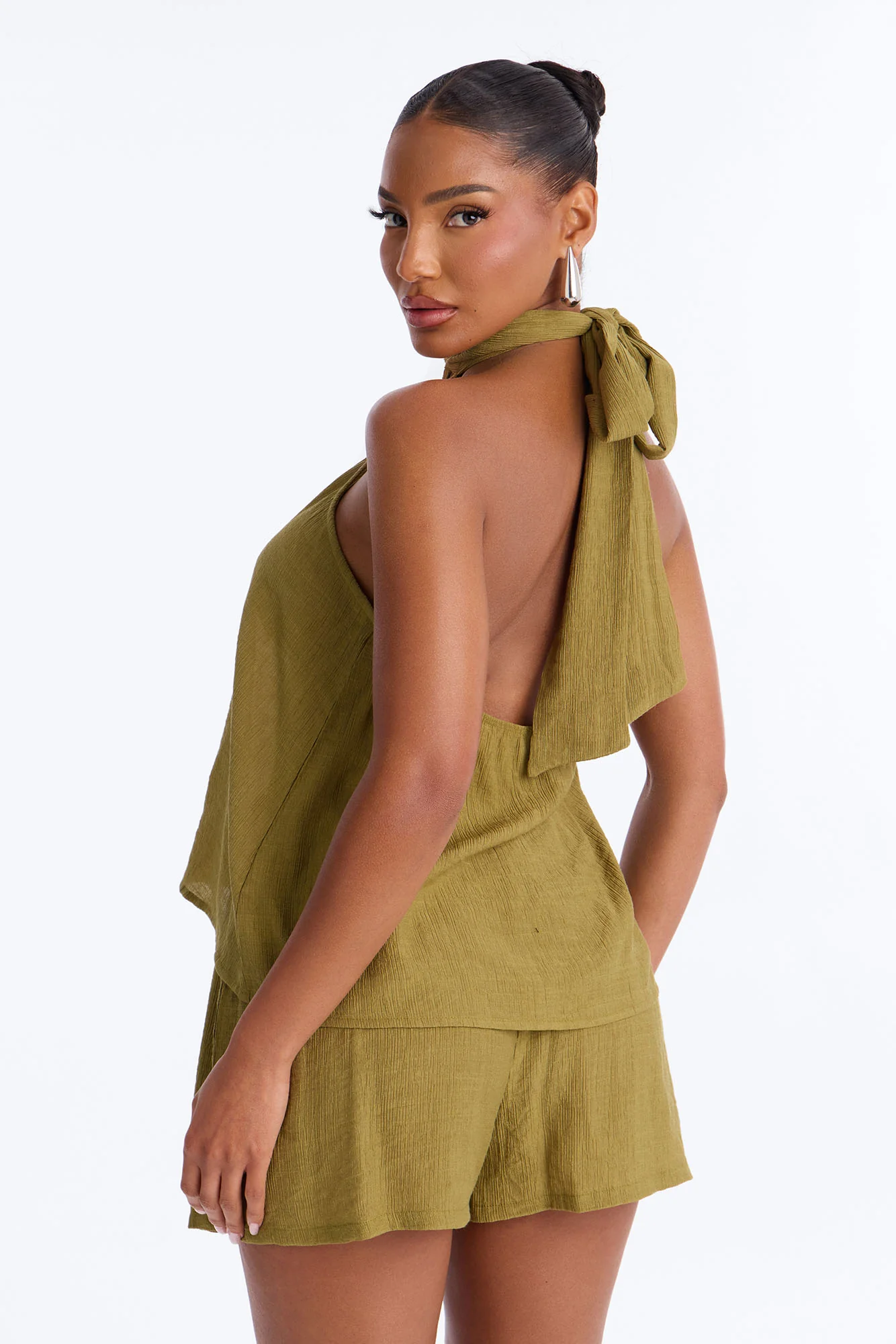 Chloe Halter Textured Short Set - Olive - Image 4