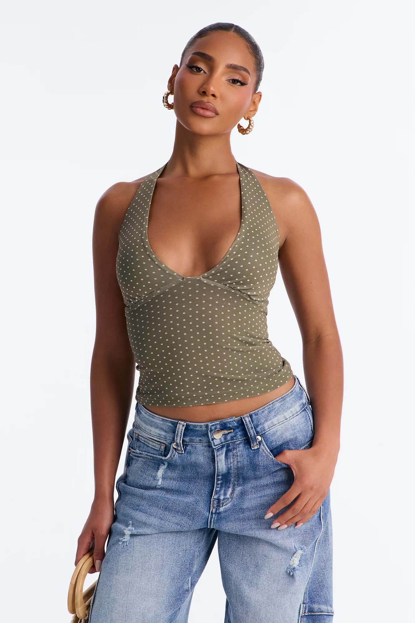 Chloe Mesh Polka Dot Halter Top - Olive/combo