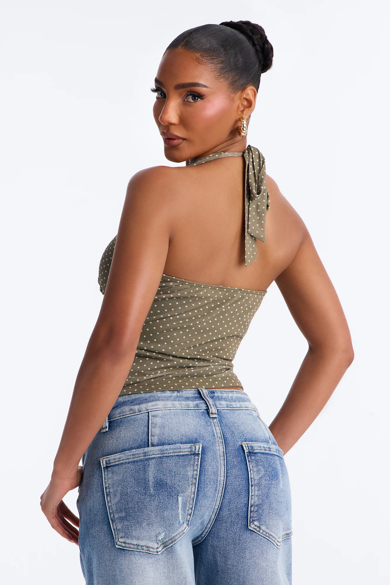 Chloe Mesh Polka Dot Halter Top - Olive/combo - Image 4