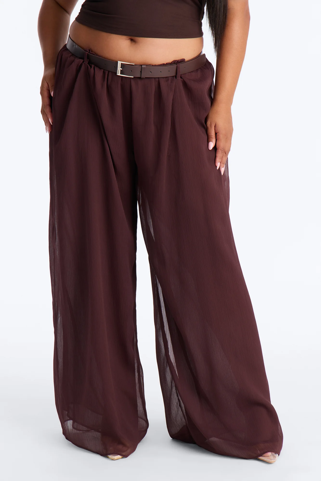 Chloe Wide Leg Chiffon Belted Pant - Chocolate - Image 7