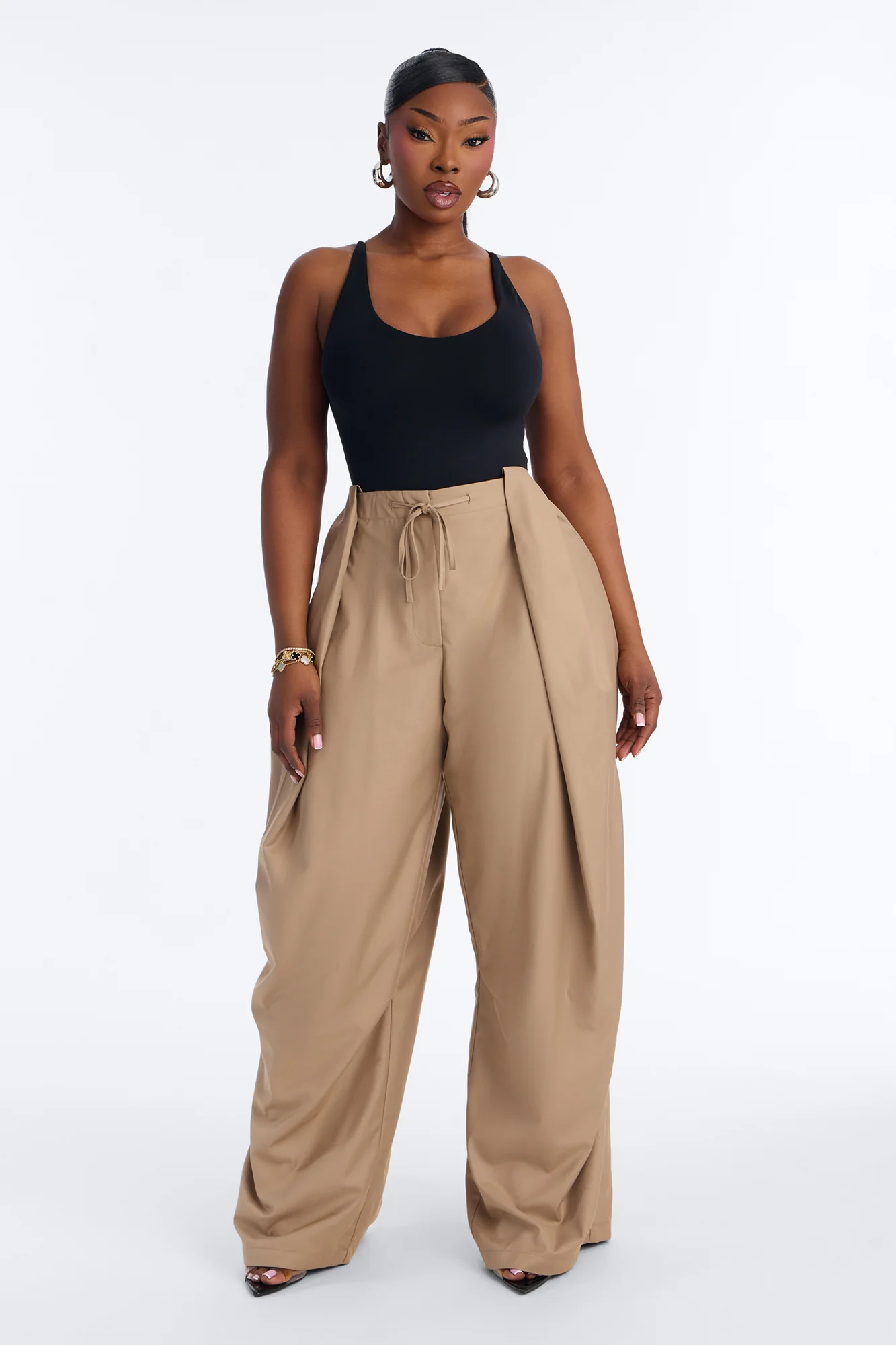 Chloe Wide Leg Stacked Pleated Trouser - Khaki