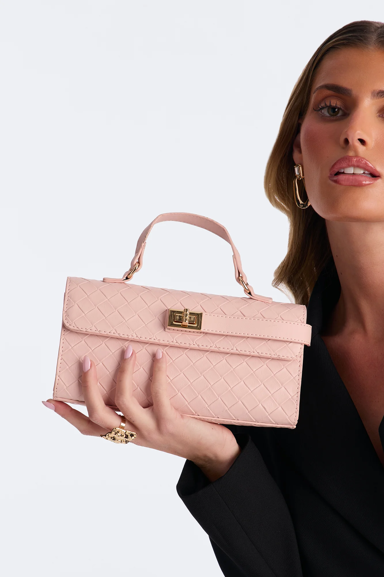 Chloe Woven Faux Leather Satchel Handbag - Pink