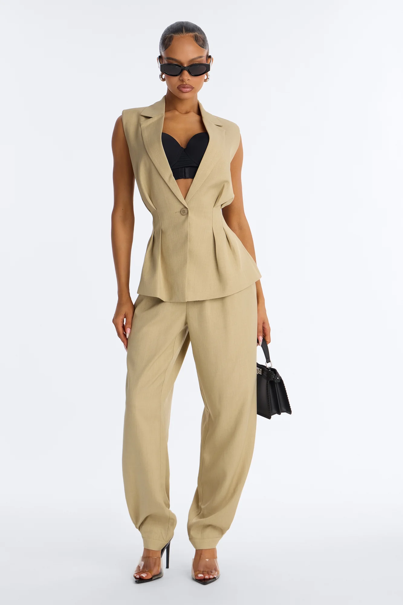 Christina Button Cuff Pleated Straight Leg Trouser - Sage - Image 2