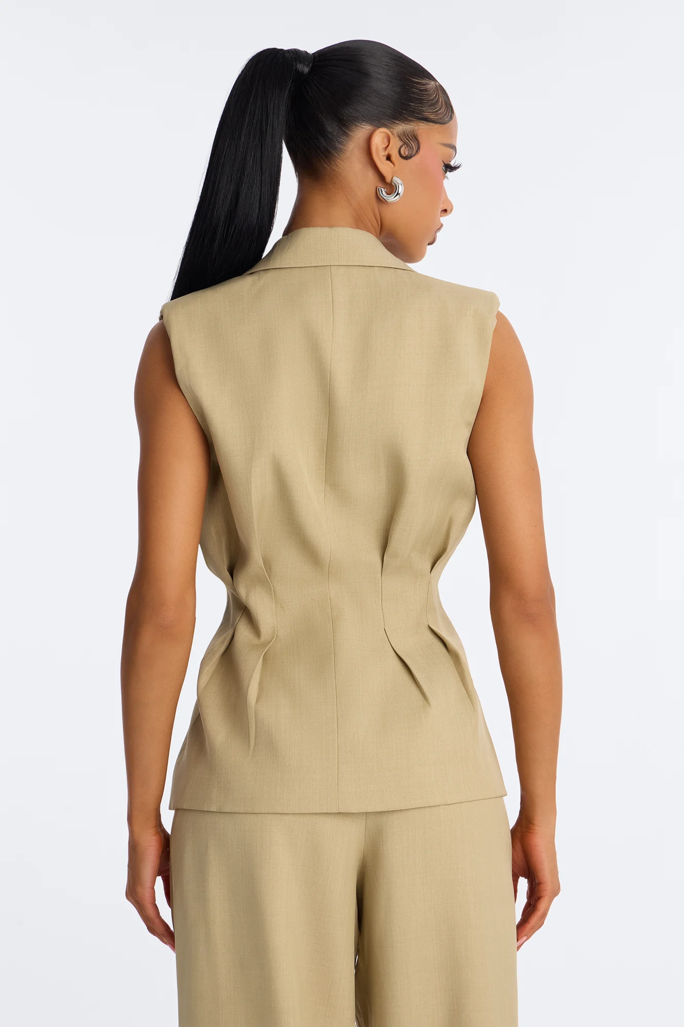 Christina Cinched Waist Pleated Blazer Vest - Sage - Image 3