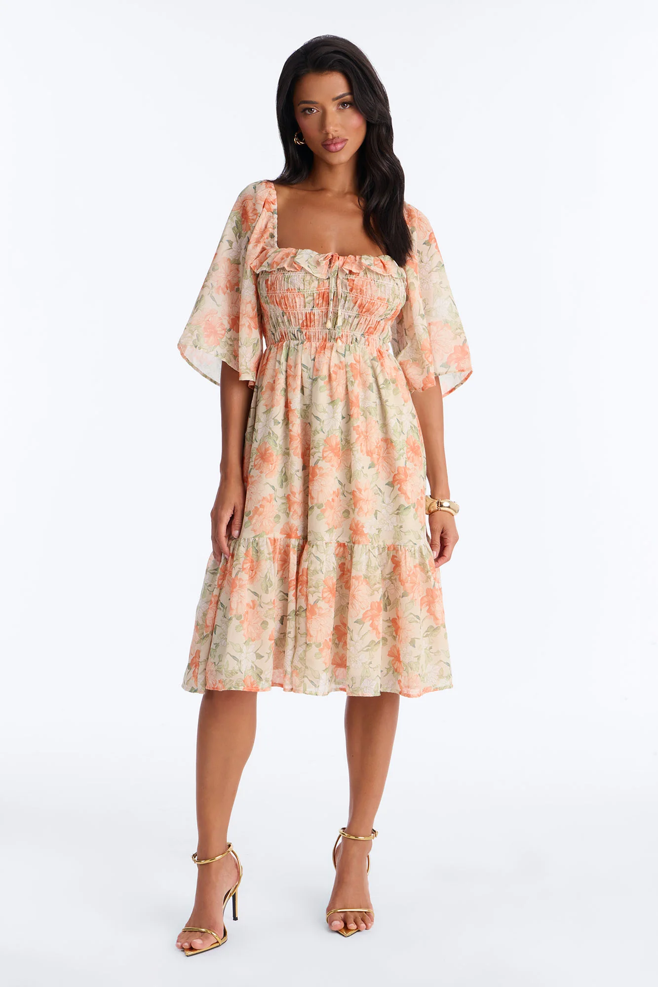 Christina Floral Chiffon Midi Dress - Orange/combo