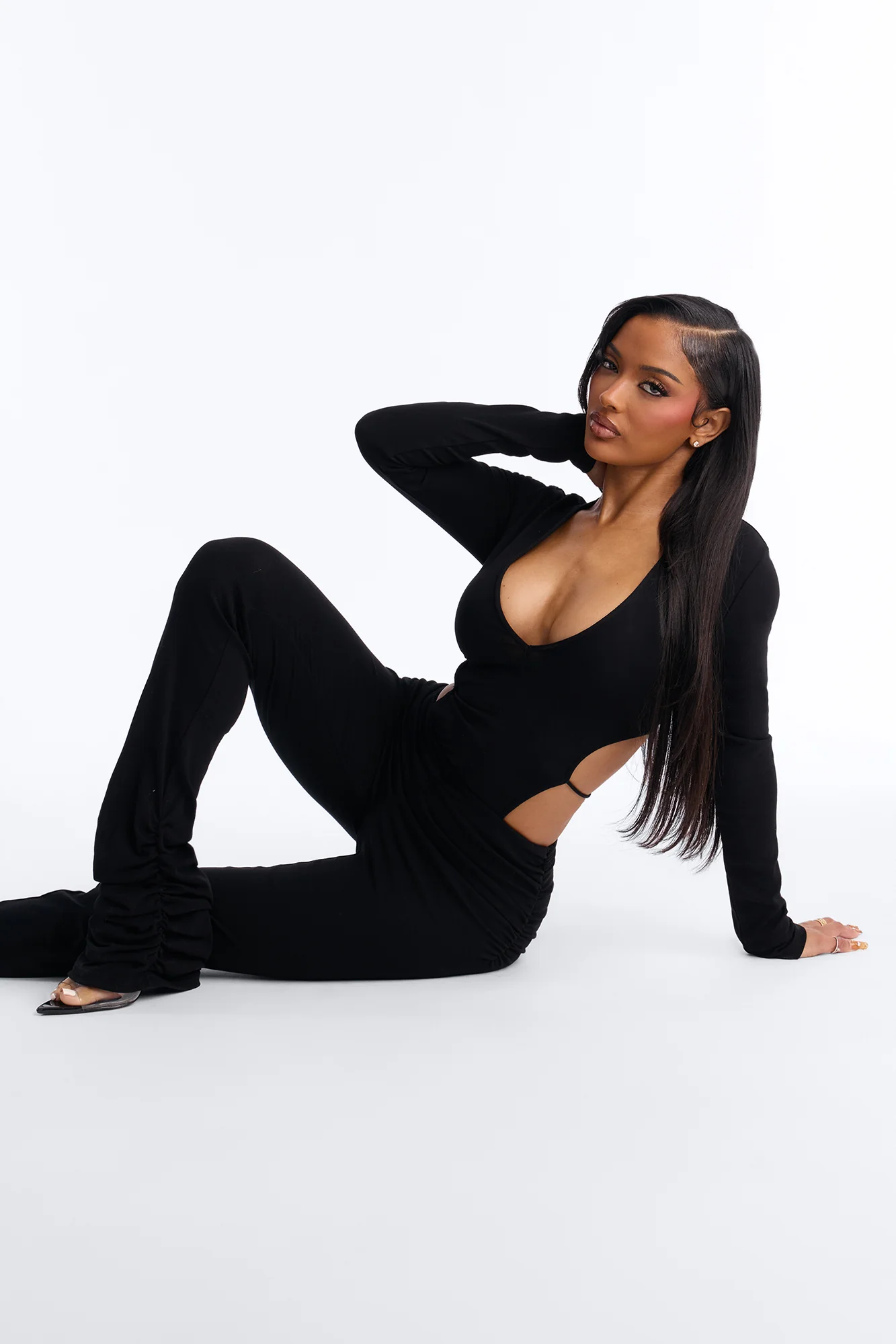 Christy Long Sleeve Ruched Leg Jumpsuit - Black - Image 3