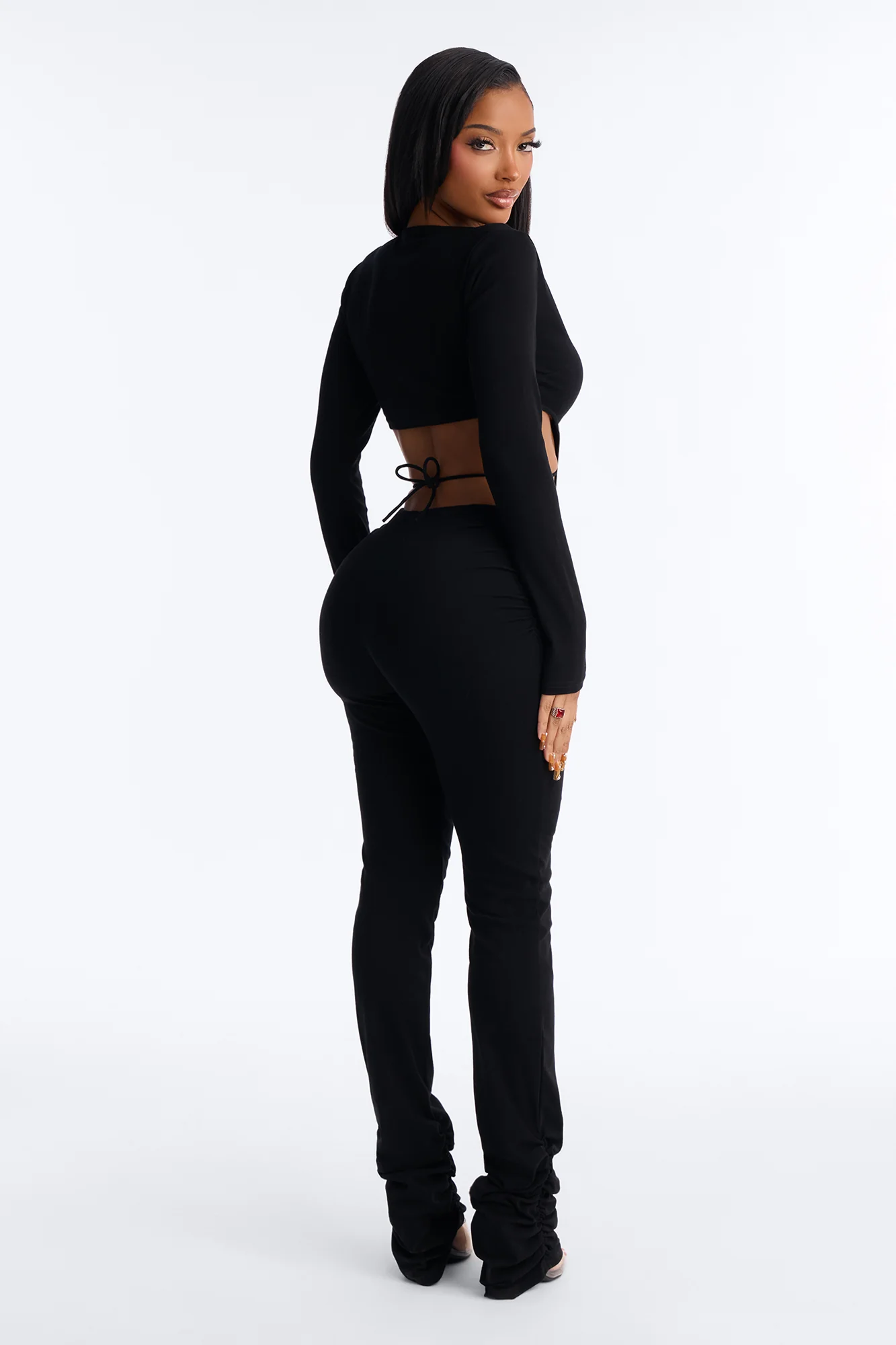 Christy Long Sleeve Ruched Leg Jumpsuit - Black - Image 4