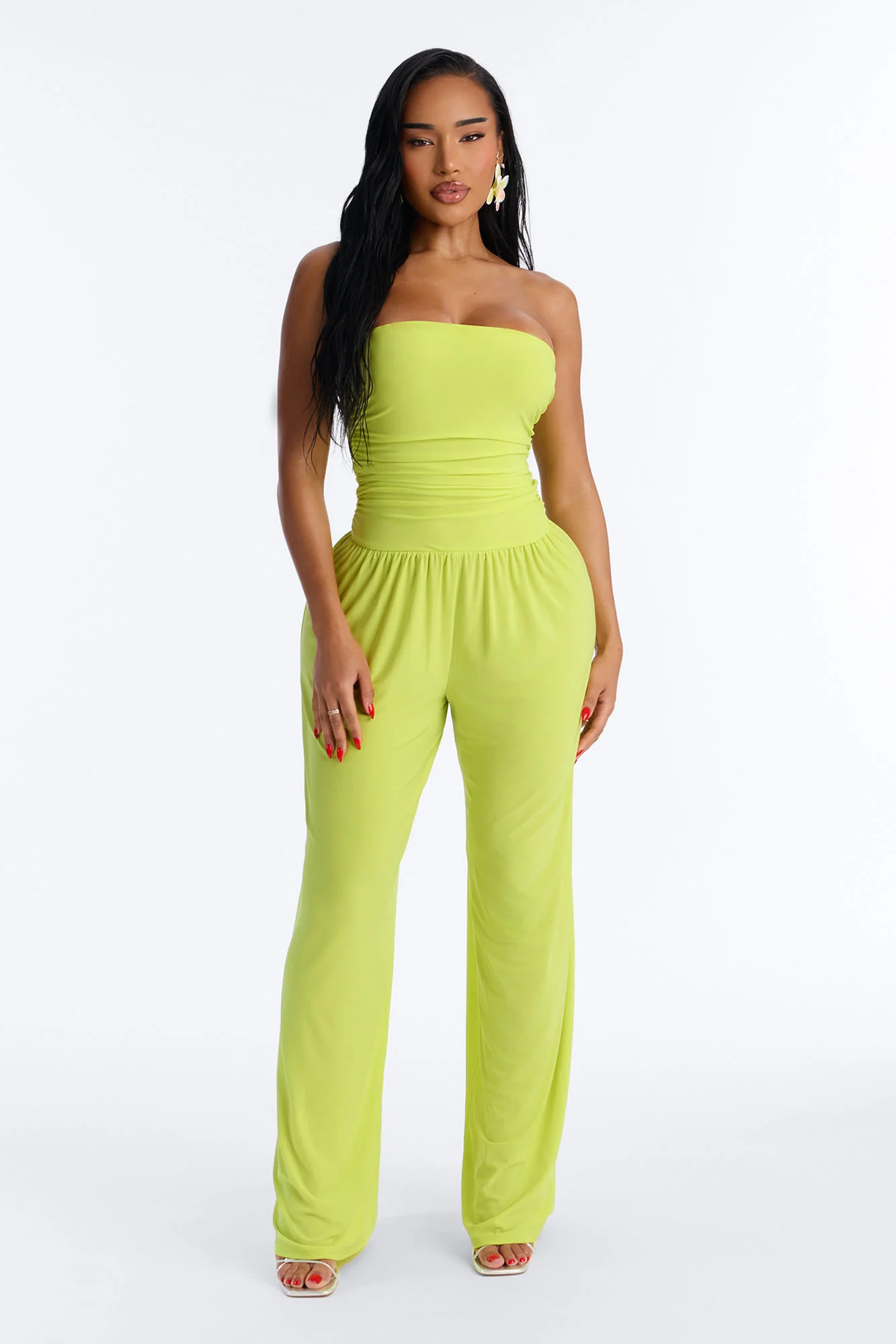 Cierra Ruched Strapless Jumpsuit - Lime