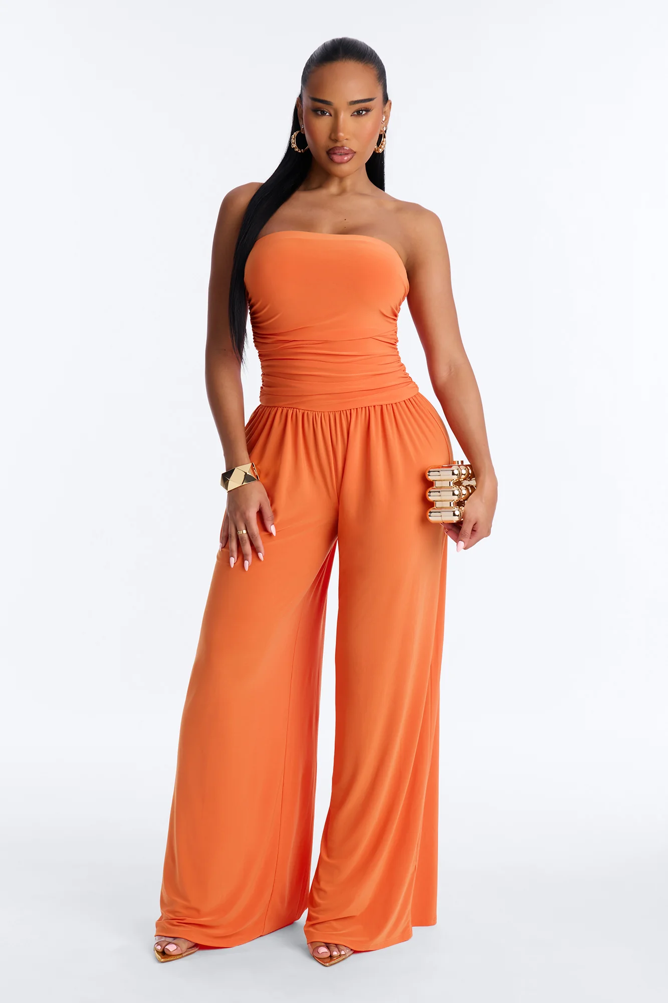 Cierra Ruched Strapless Jumpsuit - Orange