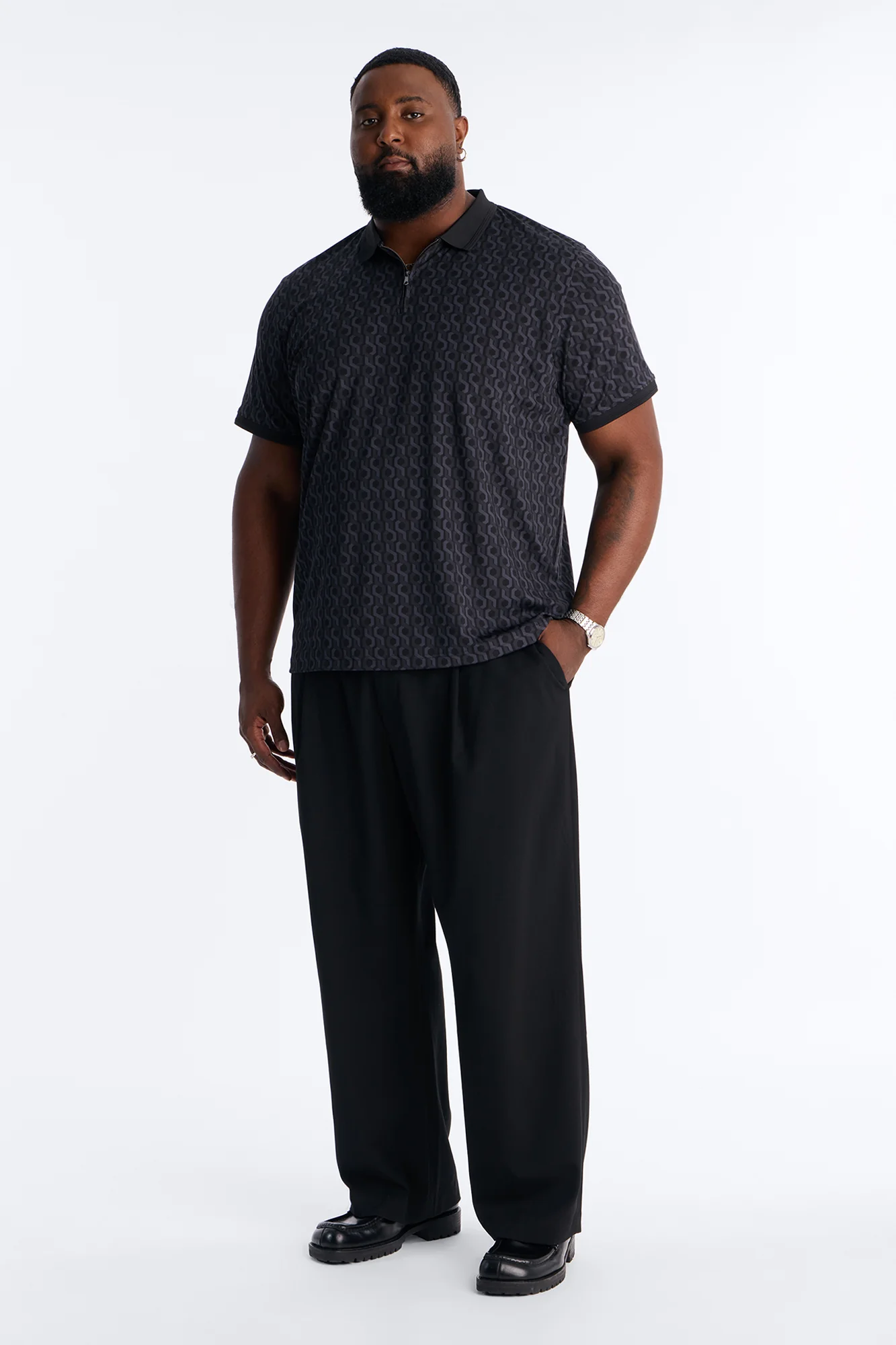 Circa Grid Quarter Zip Polo - Black/Grey - Image 6