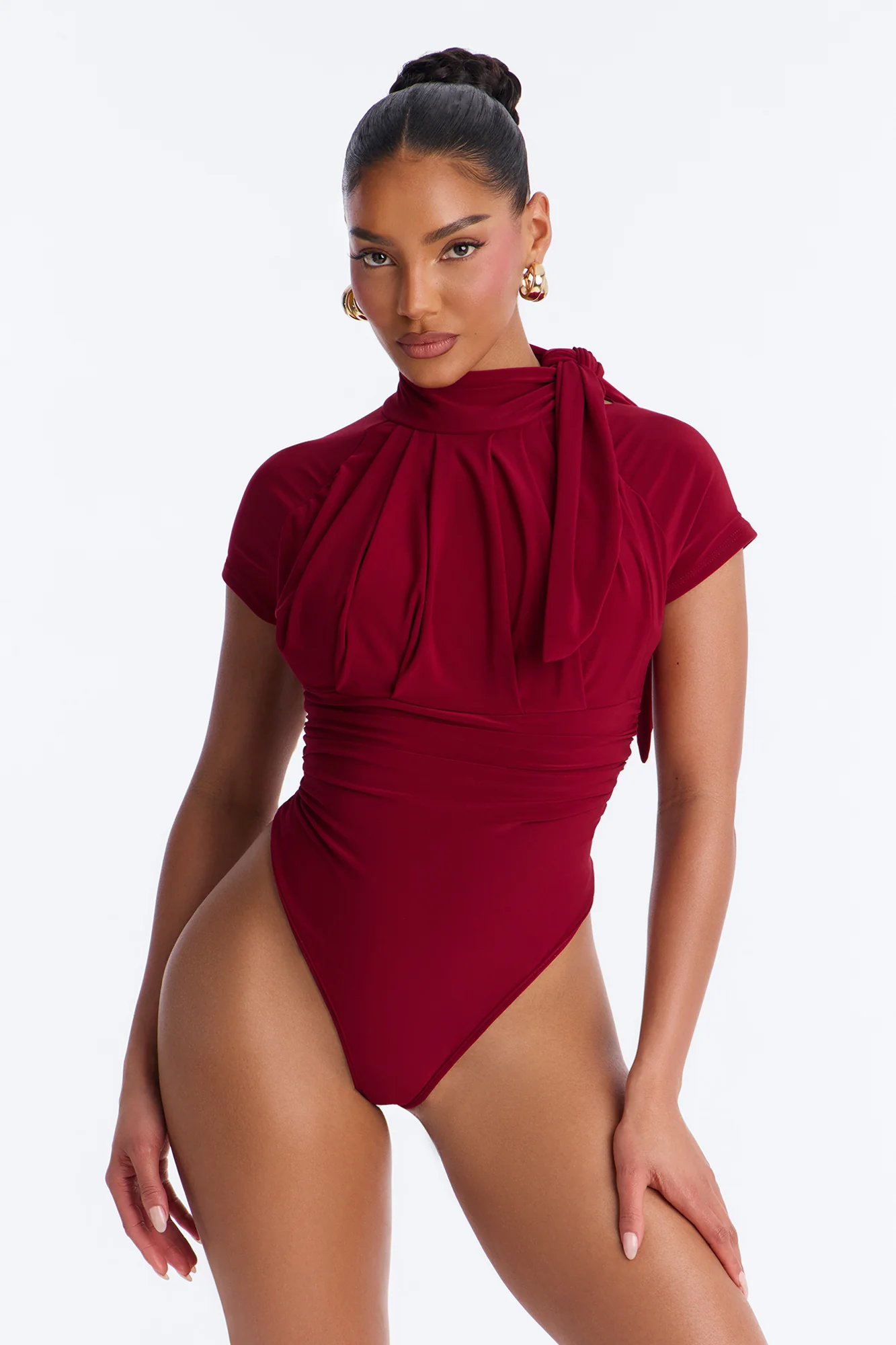 City Dreams Tie Neck Bodysuit - Red