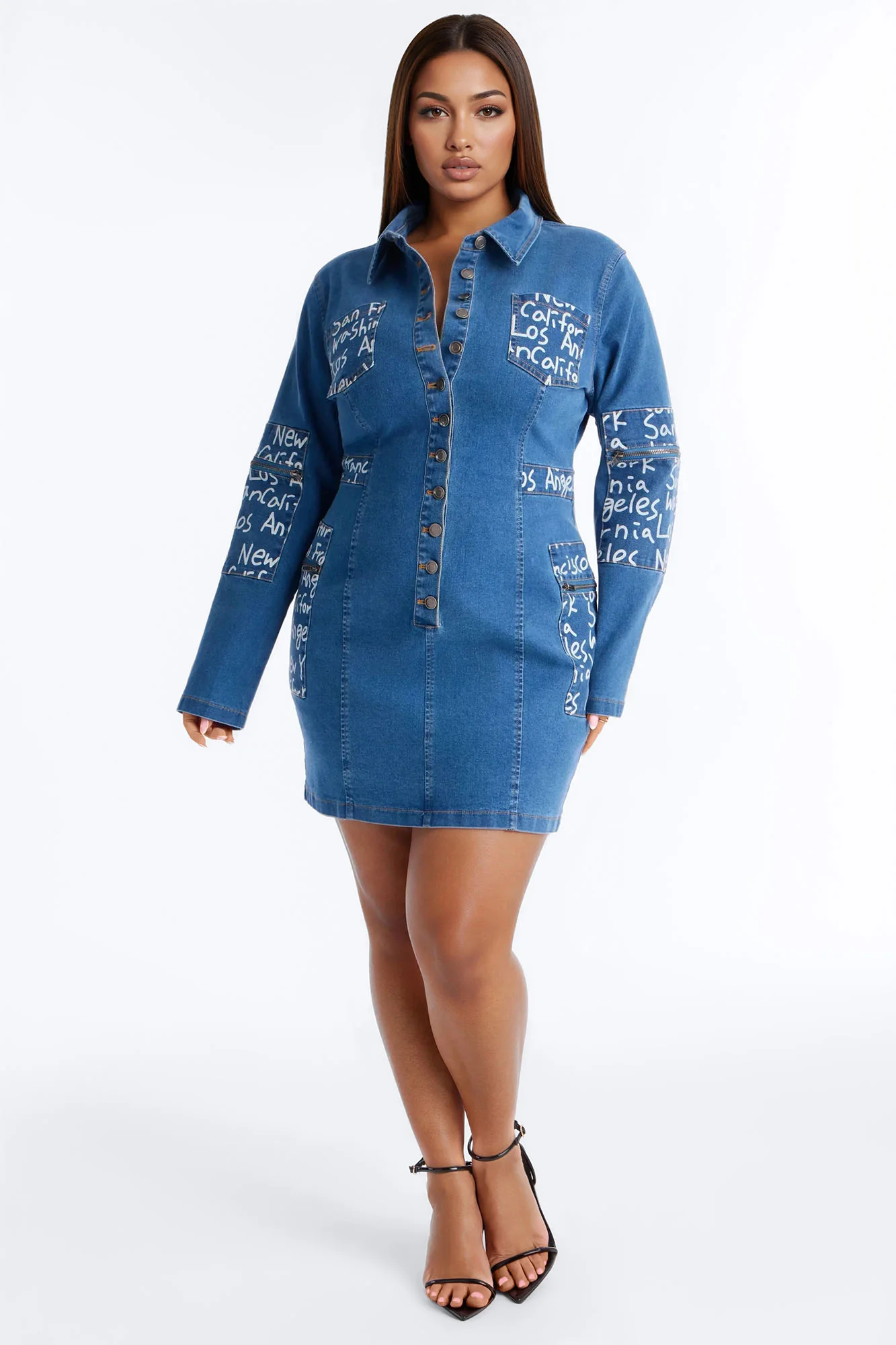 City Girl Collar Stretch Denim Mini Dress - Denim - Image 5
