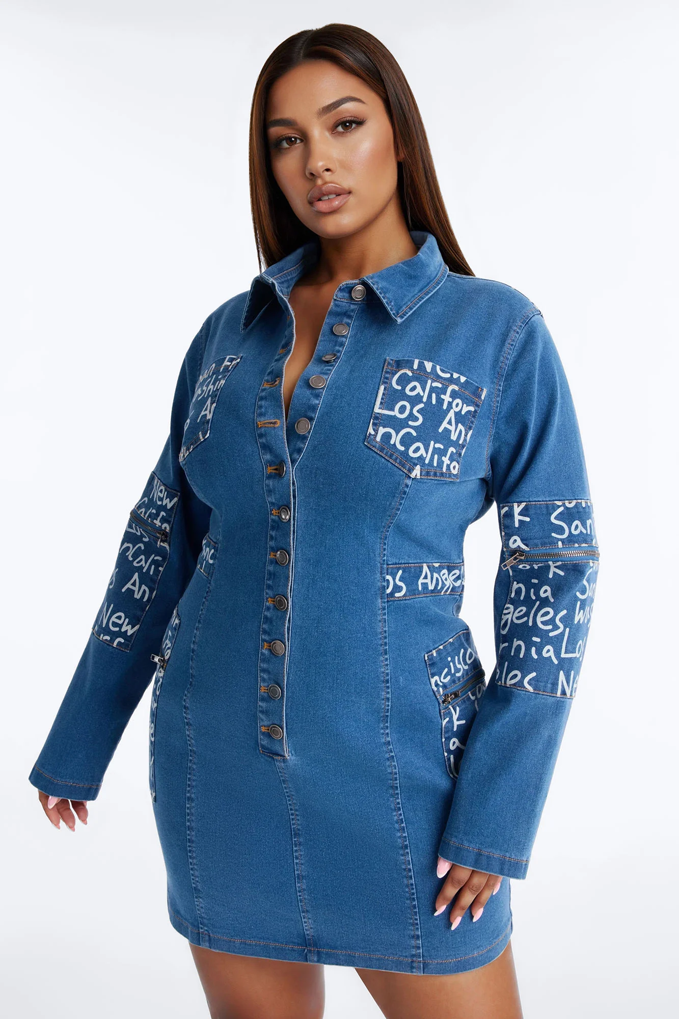 City Girl Collar Stretch Denim Mini Dress - Denim - Image 6