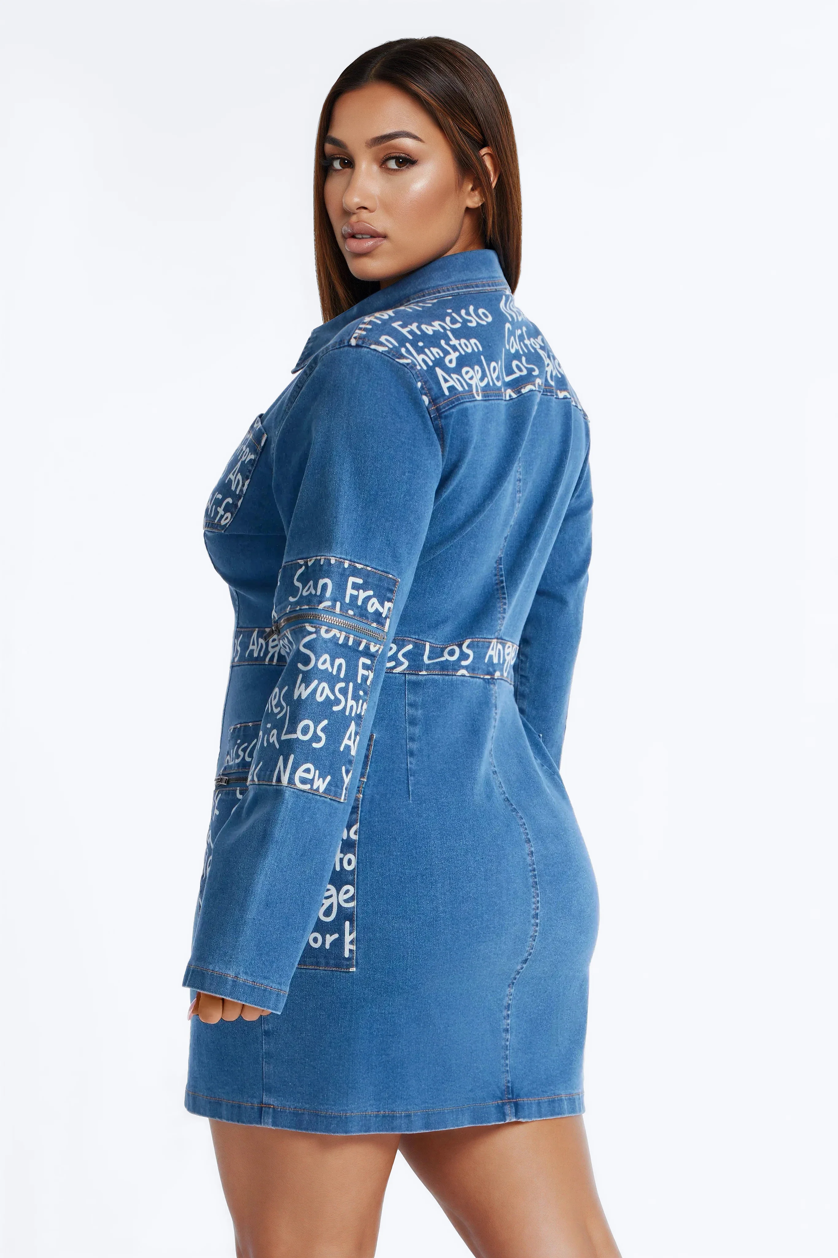 City Girl Collar Stretch Denim Mini Dress - Denim - Image 7