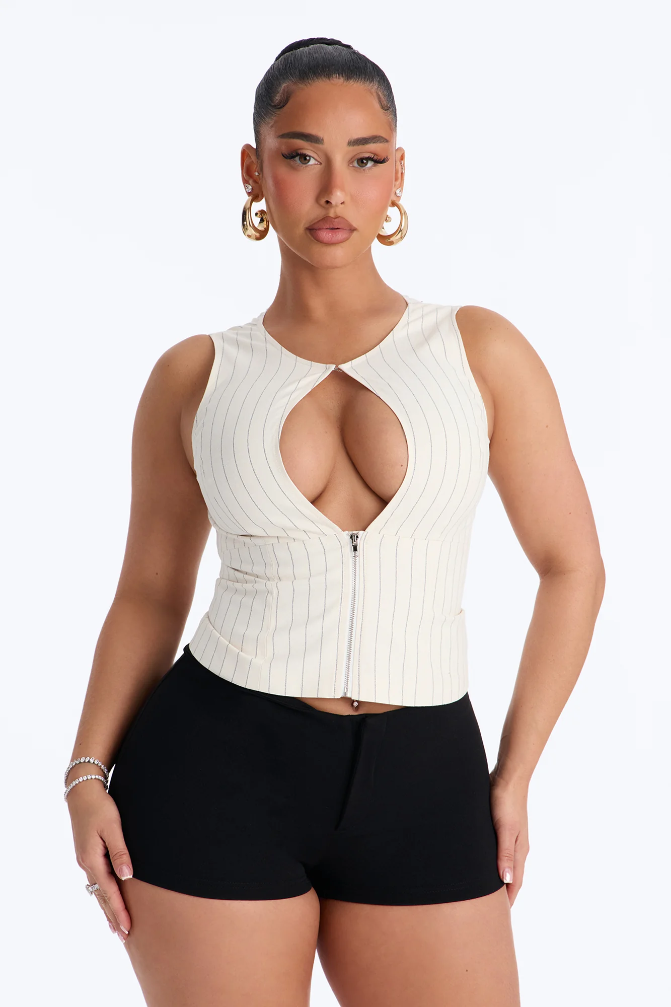 City Heart Front Zip Pinstripe Linen Top - Cream/combo