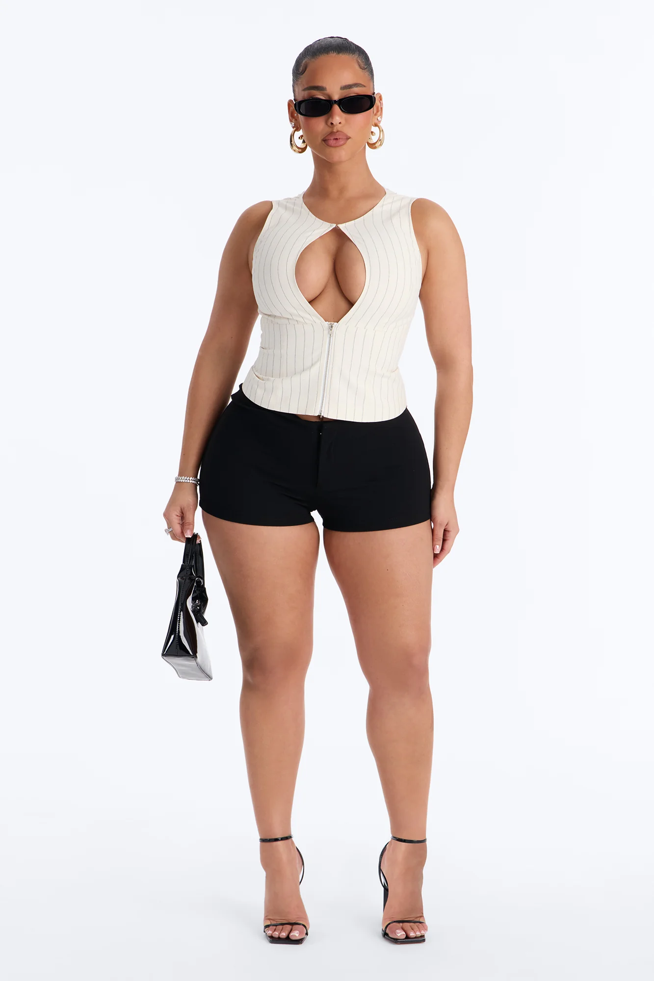 City Heart Front Zip Pinstripe Linen Top - Cream/combo - Image 2