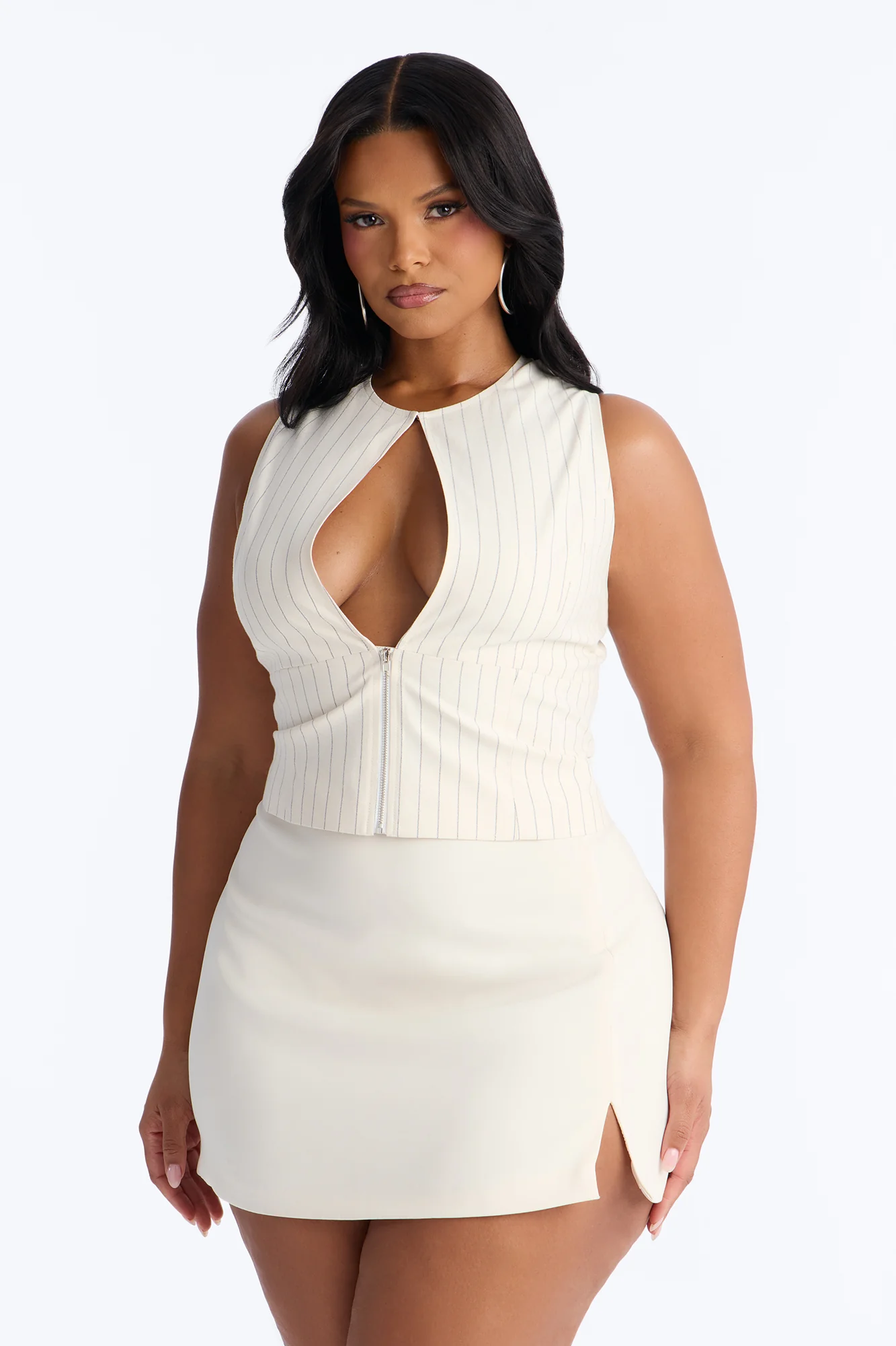 City Heart Front Zip Pinstripe Linen Top - Cream/combo - Image 5