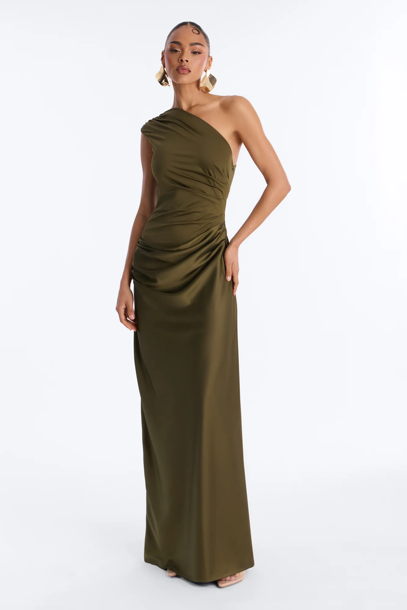 City Nights One Shoulder Satin Maxi Dress - Olive