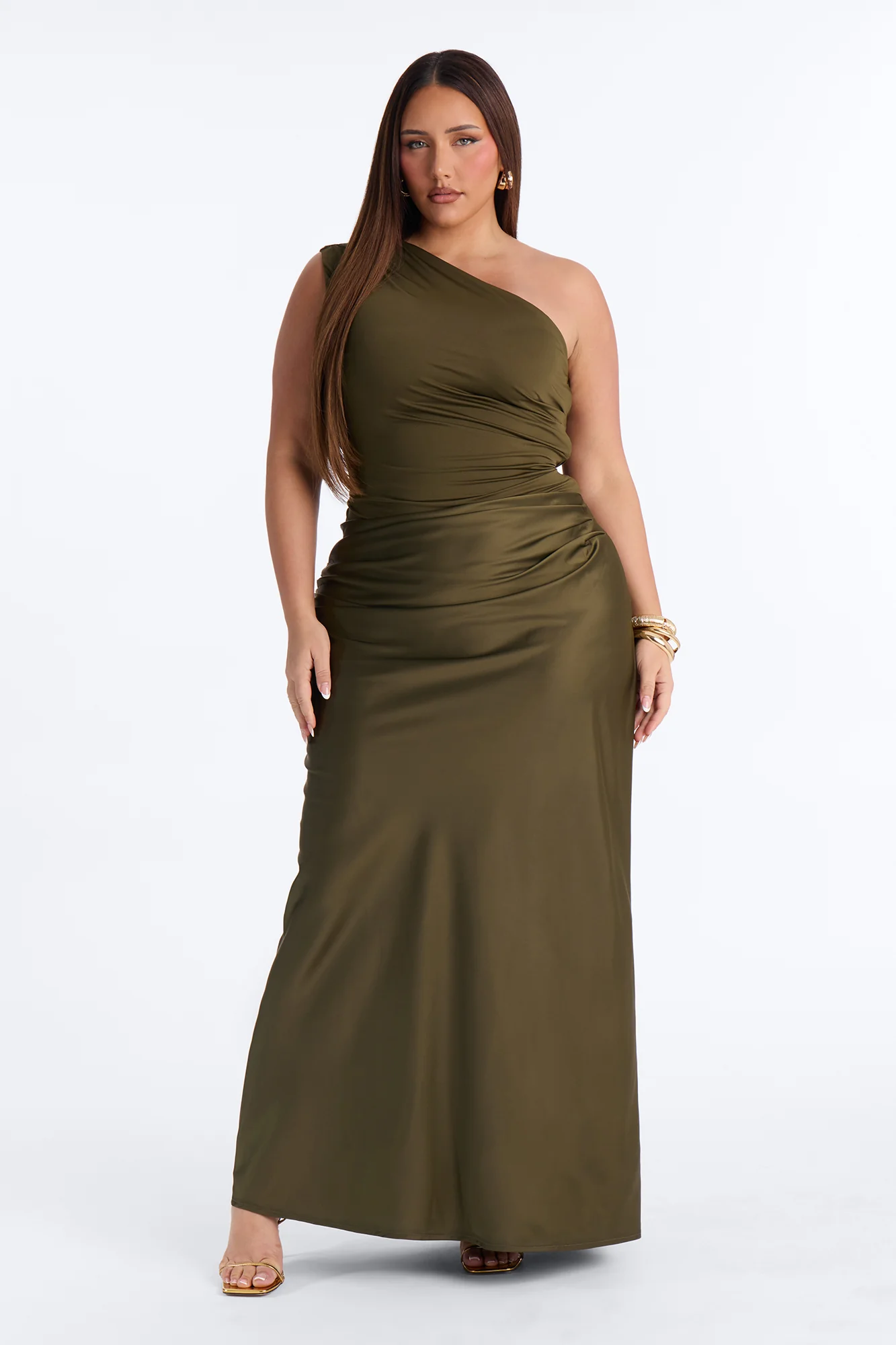City Nights One Shoulder Satin Maxi Dress - Olive - Image 6