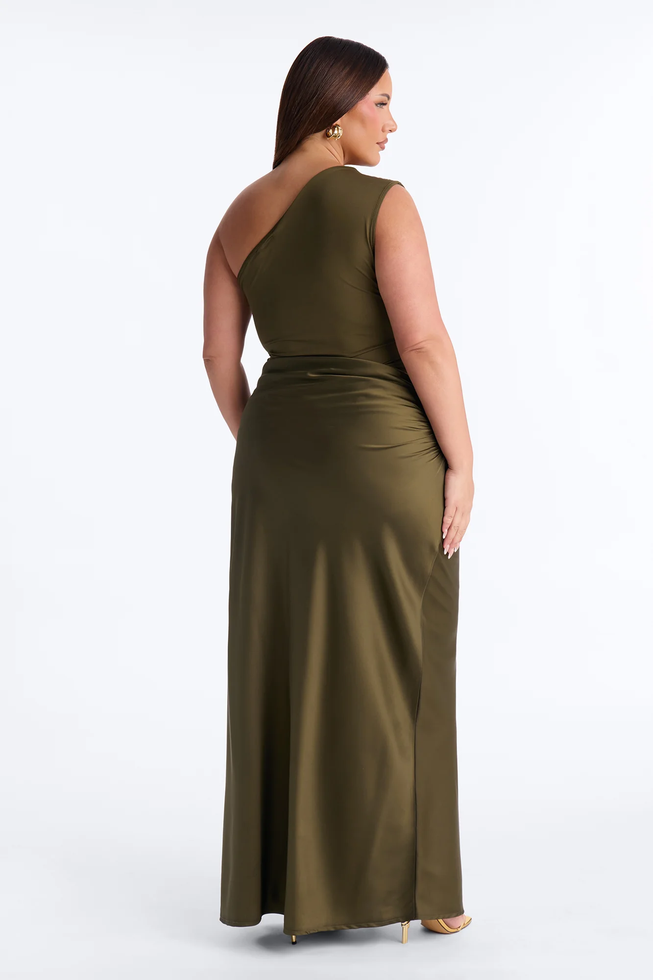 City Nights One Shoulder Satin Maxi Dress - Olive - Image 8