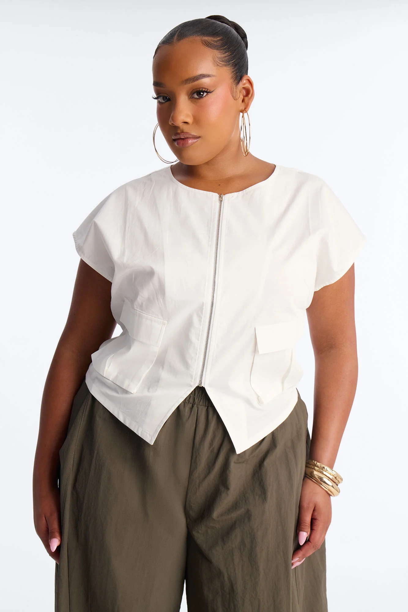 City Steps Front Zip Poplin Top - White - Image 4