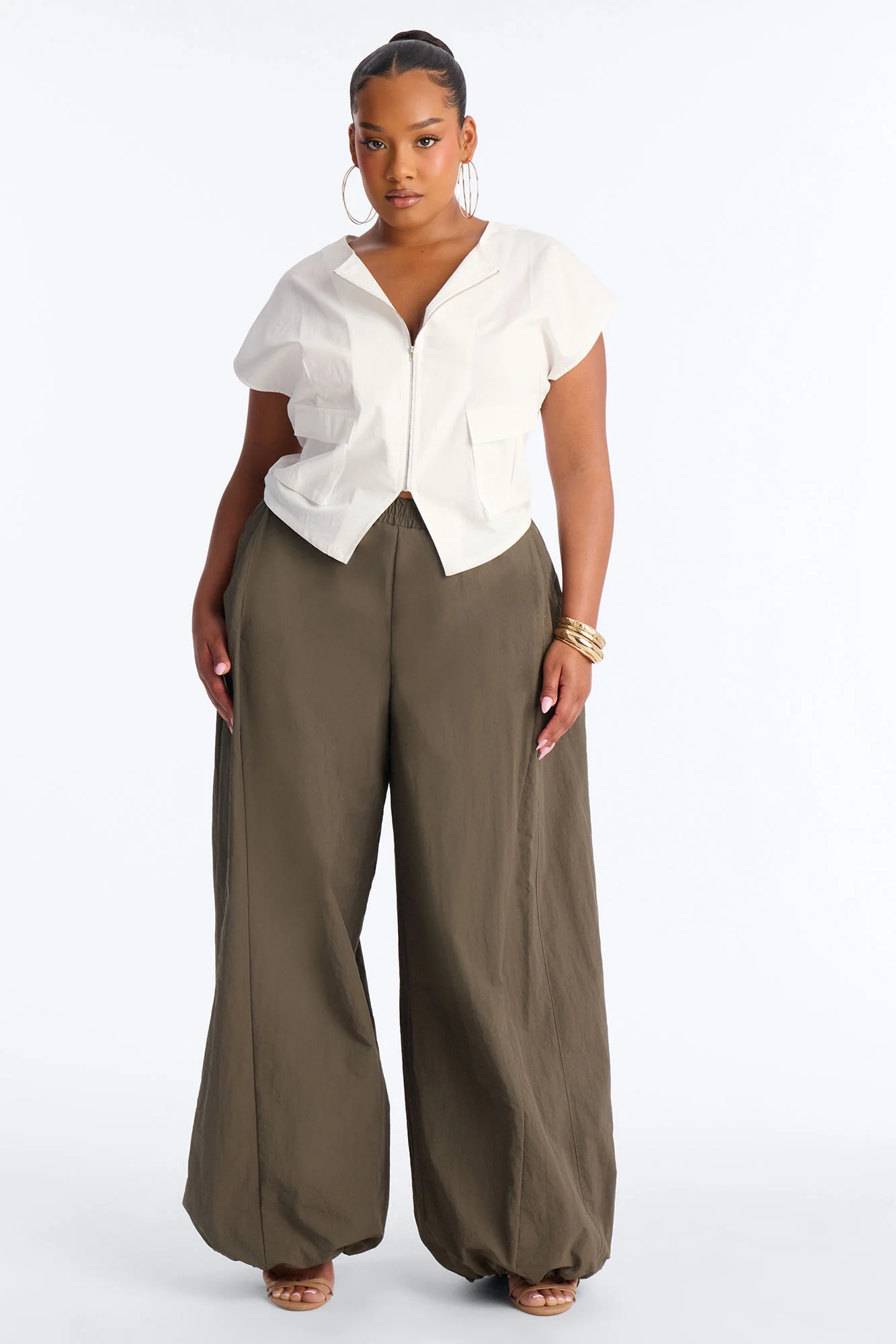 City Steps Front Zip Poplin Top - White - Image 5