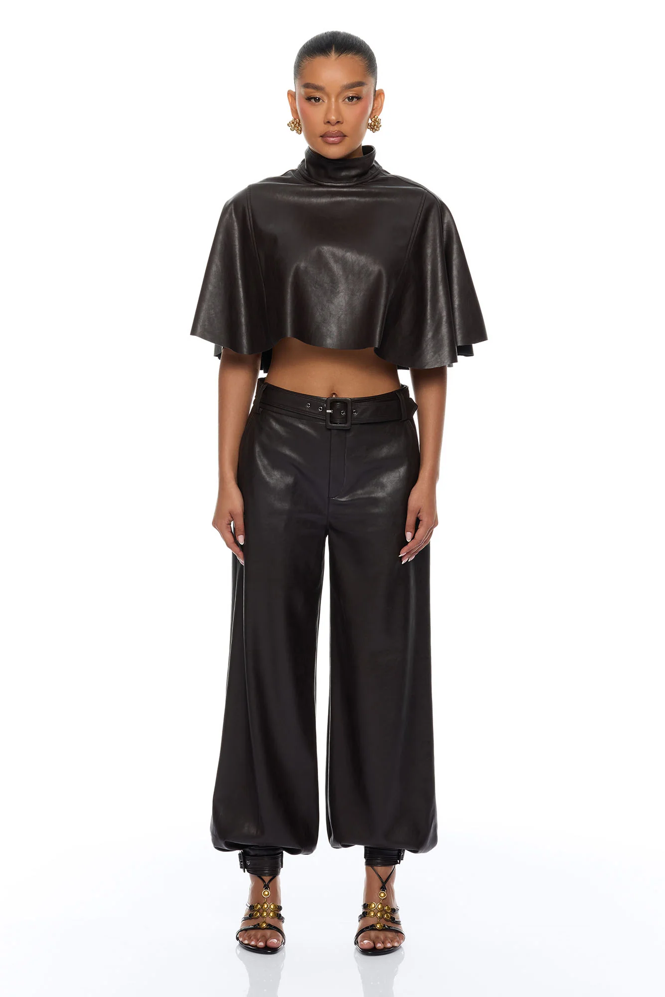City Streets Faux Leather Balloon Pant Set - Chocolate - Image 2