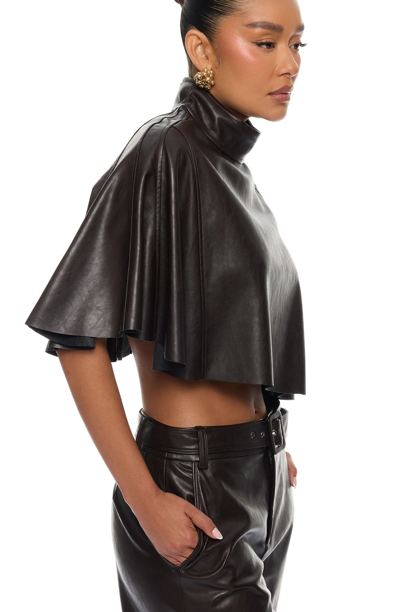 City Streets Faux Leather Balloon Pant Set - Chocolate - Image 3