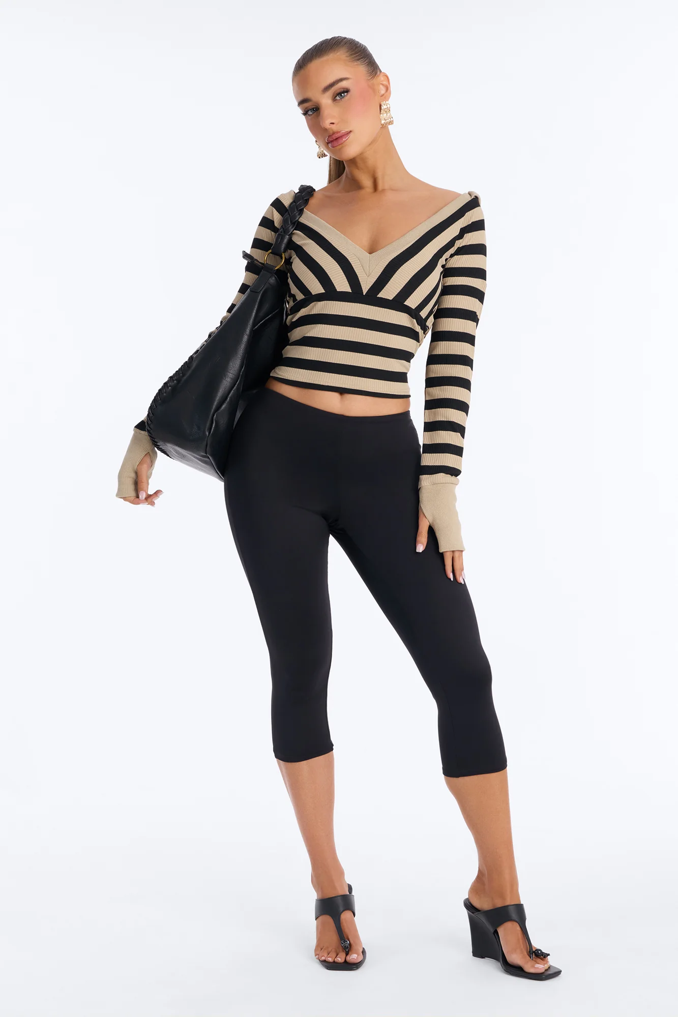 City Striped Ribbed V-Neck Hooded Long Sleeve Top - Black/combo - Image 2